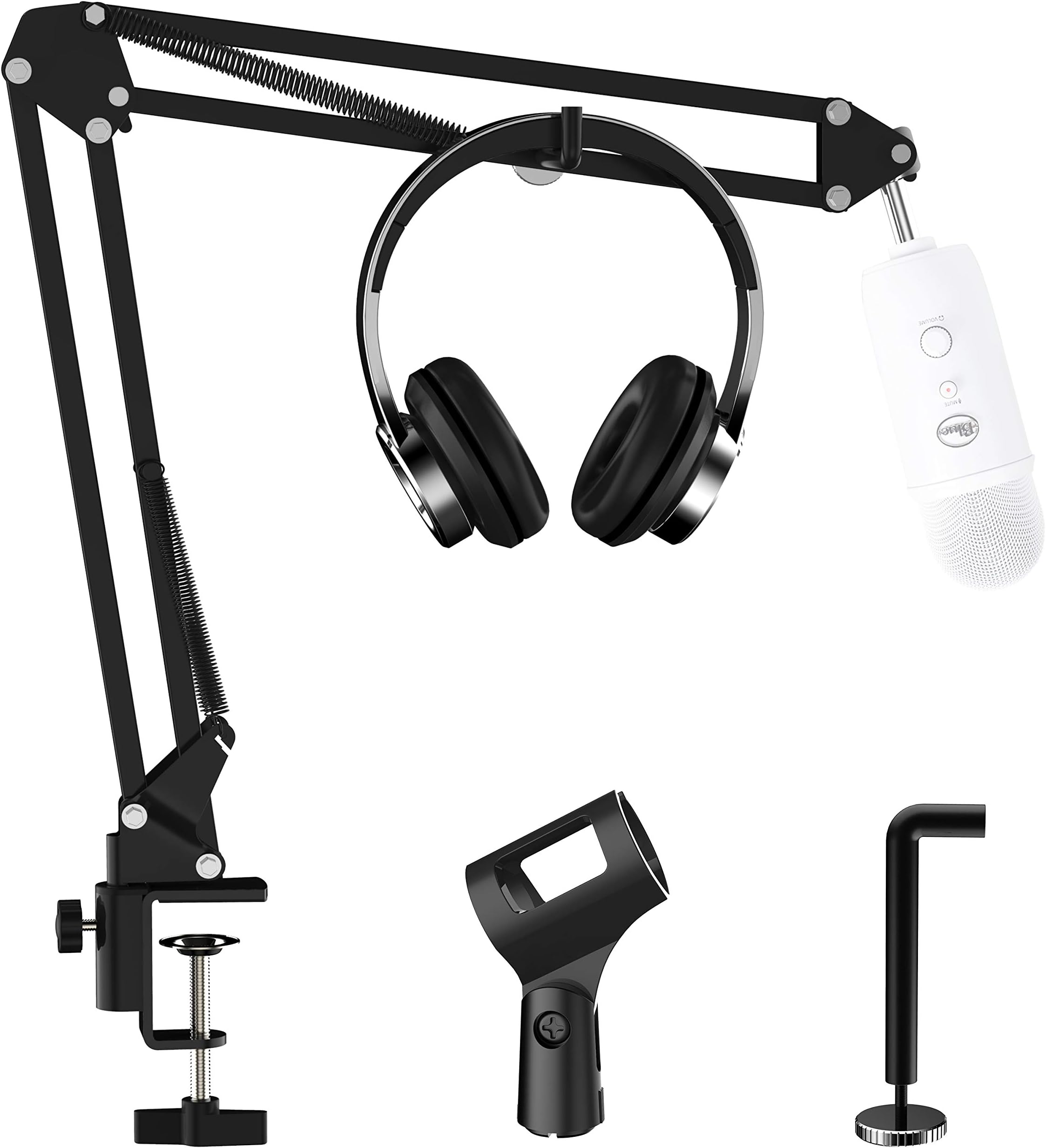 SIGSIT Modified Microphone Stand with Headphone Hook Suspension Boom Scissor Arm Stand Mic Clip Holder 3/8" to 5/8" Screw Adapter for Blue Yeti and other Mic