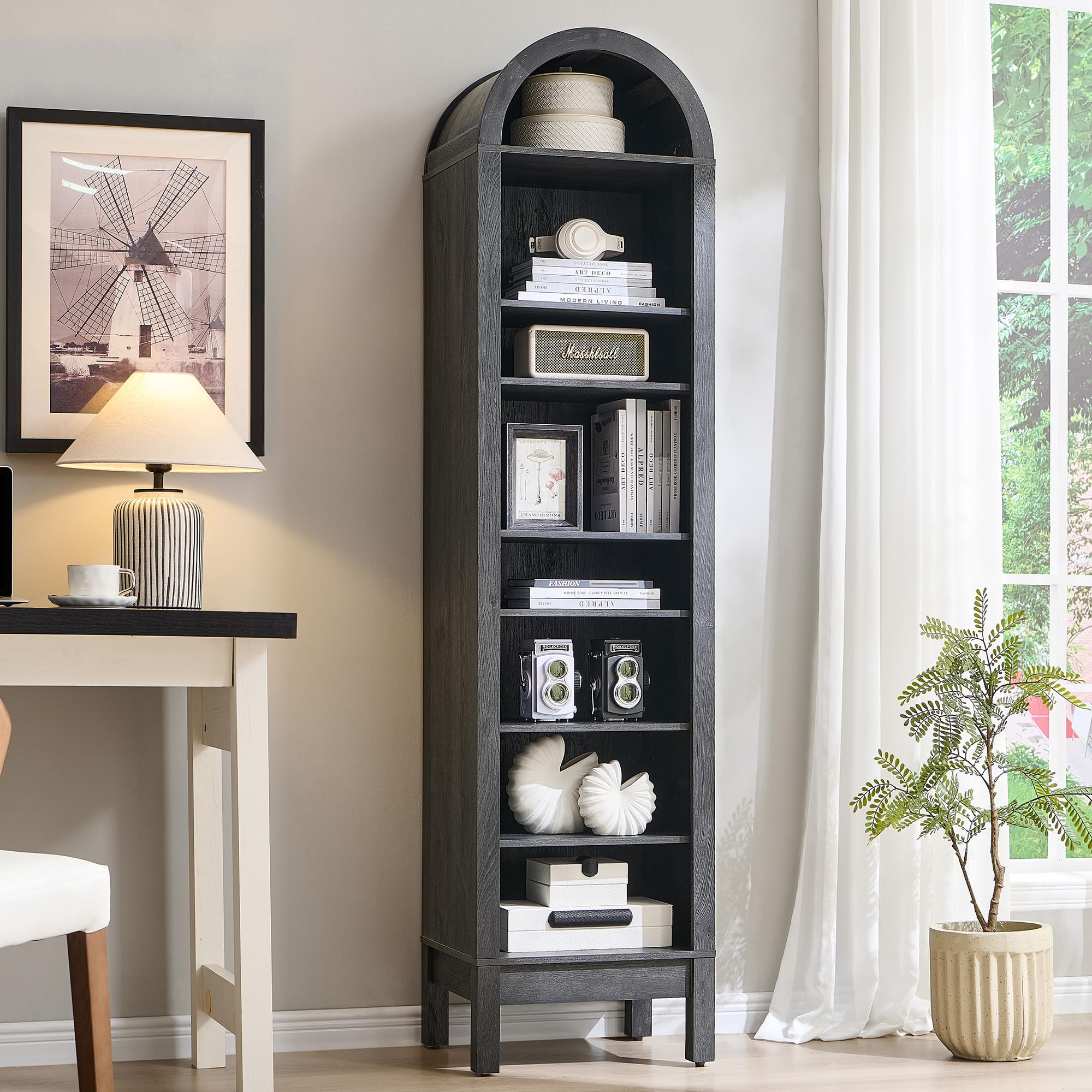 71" Tall Arched Bookshelf, 8 Tiers Arch Bookcase with Storage, Modern Farmhouse Book Shelf with Adjustable Shelves, Wood Bookshelf w/Open Display Shelves for Living Room, Office (Dark Grey)