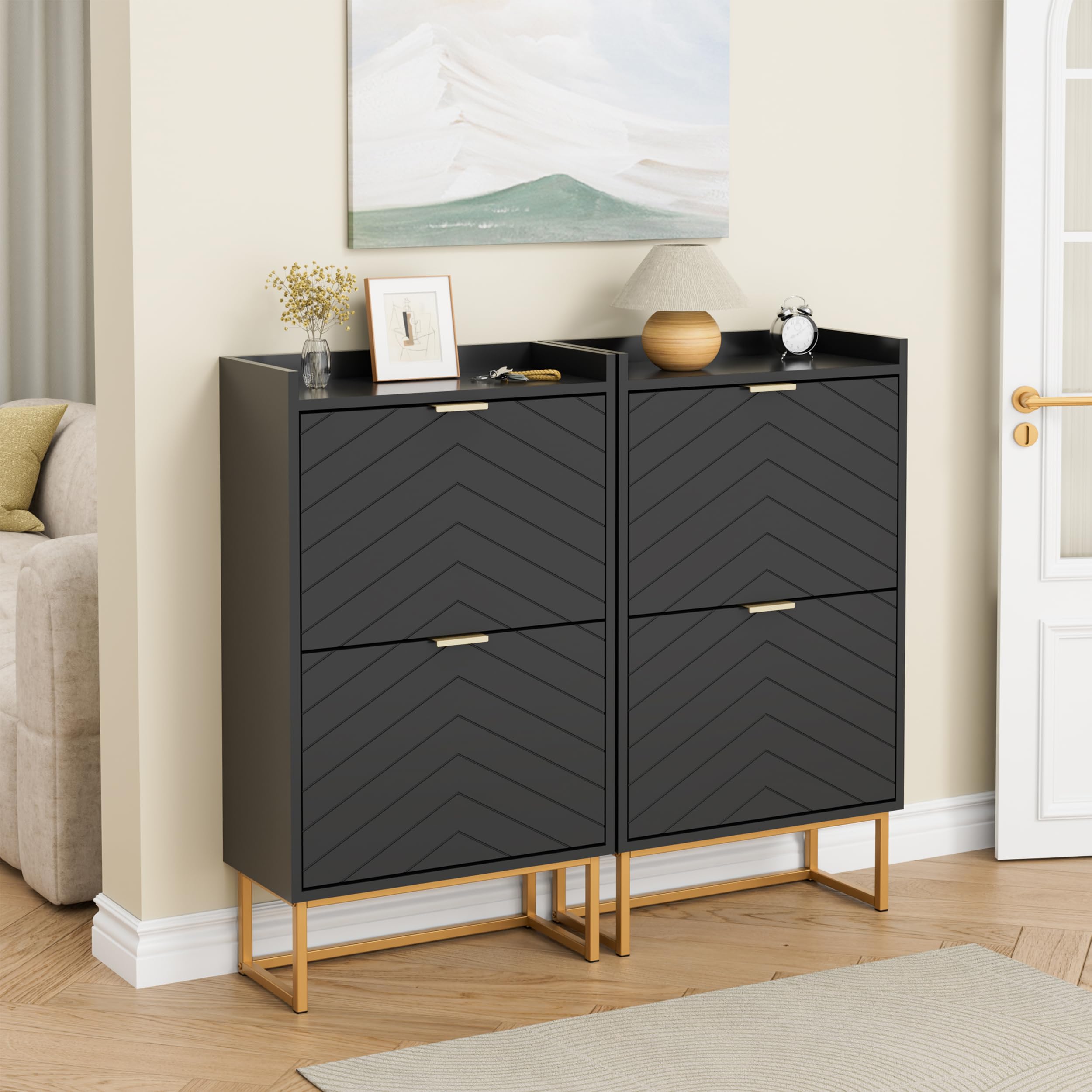 UEV Scarpiera, Scarpiera Basculante, con Soffitto con Recinzione, 2 Scomparti, Ripiano Rimovibile o Regolabile in 2 Posizioni, per Ingresso, Corridoio, 50x24x103,5 cm, Nero