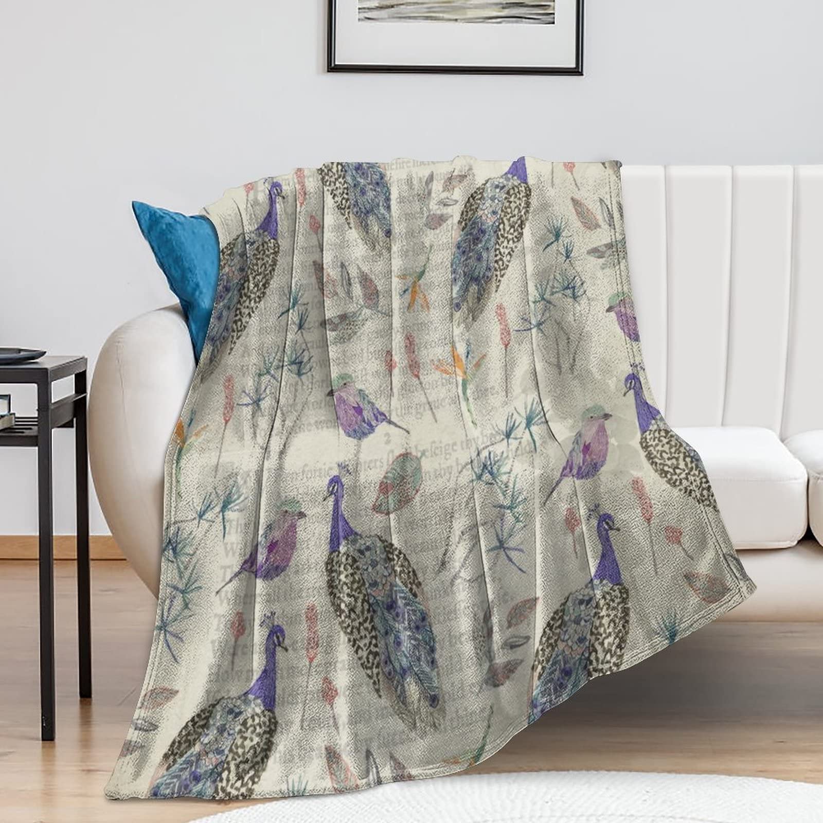 Plaid polaire paon rustique 127x152 cm haut de gamme et réversible pour une déco de salon élégante