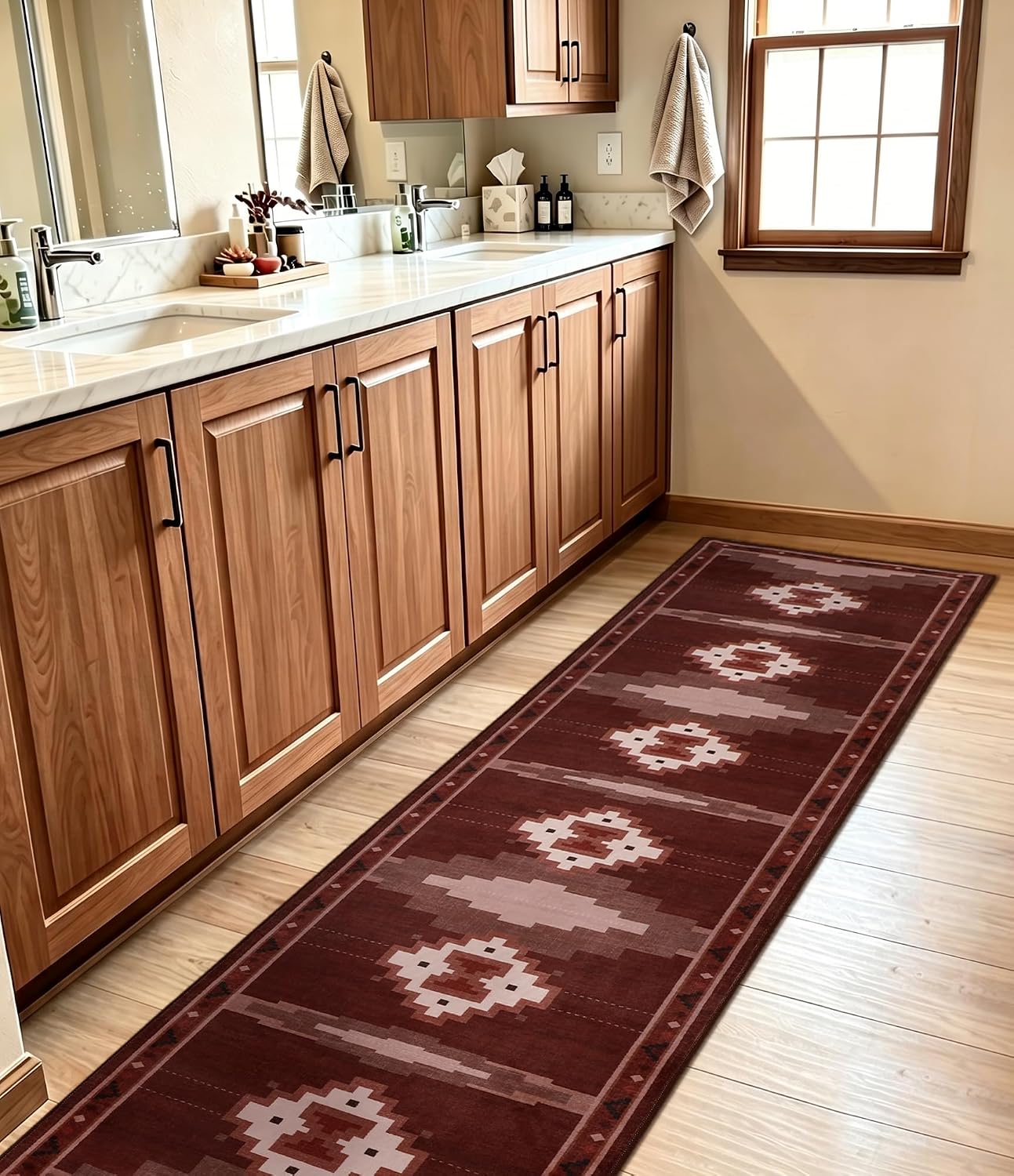 2‘x8' Washable Western Red Aztec Runner Rug for Hallway | Non-Slip, Low Pile, Stain Resistant, Southwestern Rustic Retro Long Rug for Kitchen Entryway Bedroom, Red/Brown