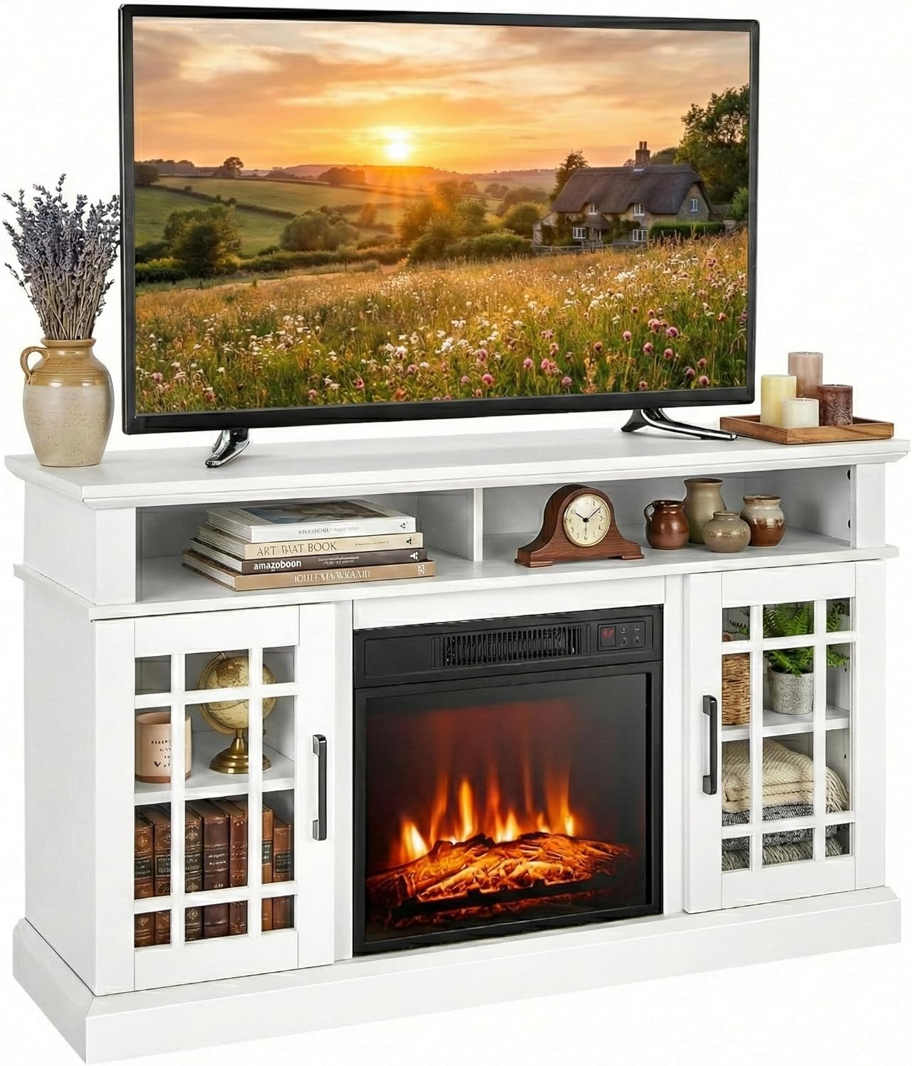 SIMOE Fireplace TV Stand Electric Fireplace 49Inch Console up to 55'' TV with 2 Shelves and 2 Cabinets with Doors, Remote Control, 3 Adjustable Flame Brightness, Media Entertainment Center, White