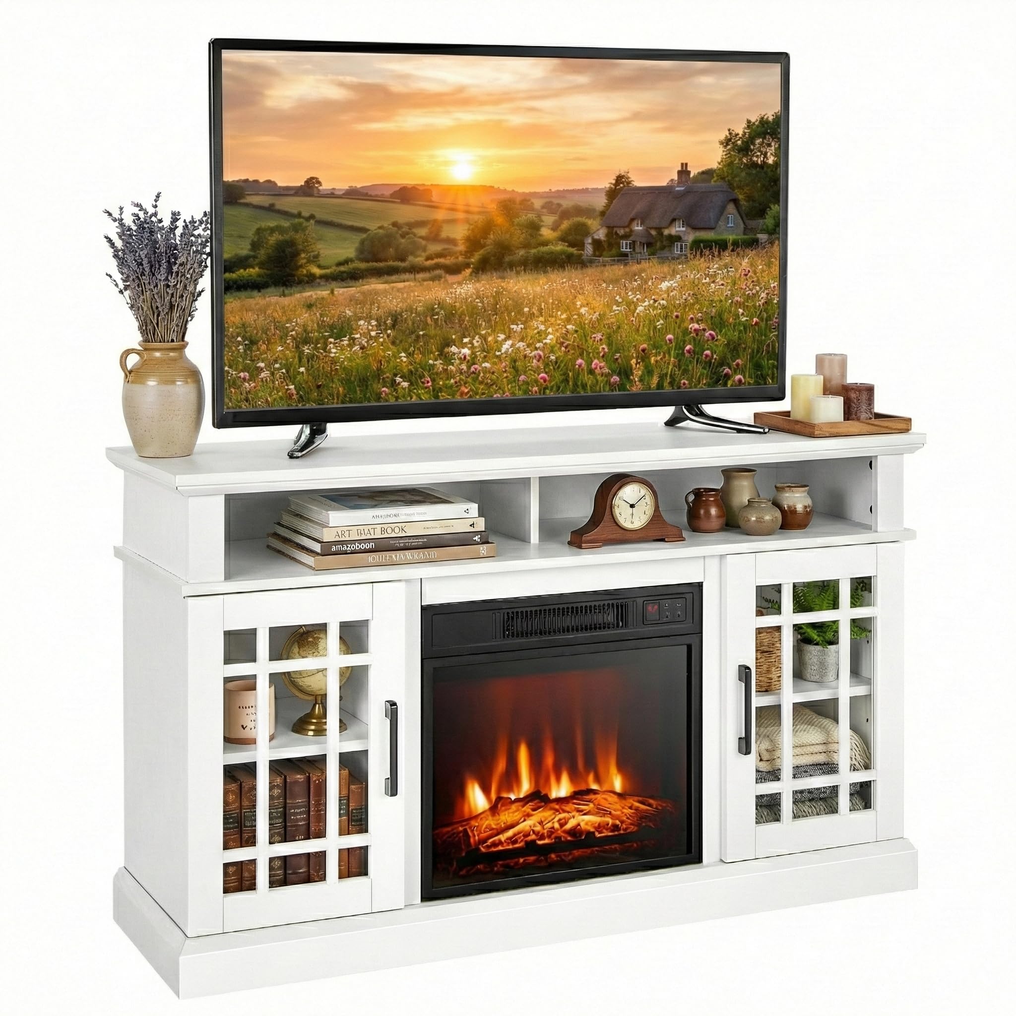 SIMOE Fireplace TV Stand Electric Fireplace 49Inch Console up to 55'' TV with 2 Shelves and 2 Cabinets with Doors, Remote Control, 3 Adjustable Flame