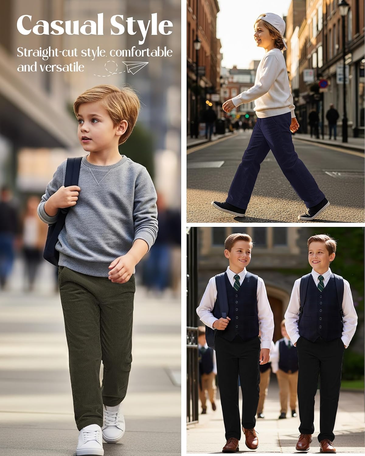 3 Pack Boys' School Uniform Pants Corduroy Pull-on Sweatpants Straight Leg Elastic Waist Joggers with Pockets - Image 5