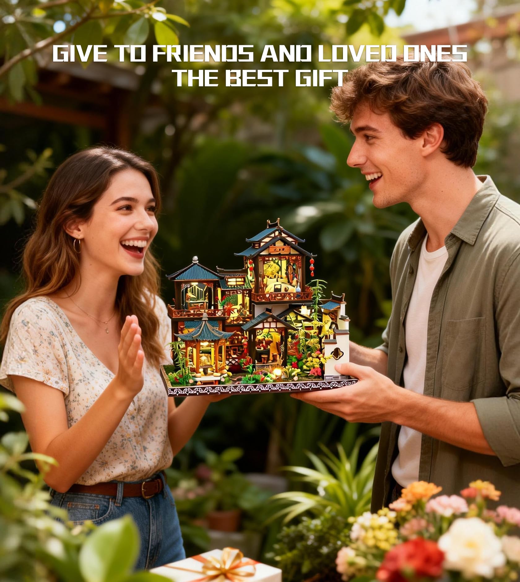 Spilay Miniatur Haus, Chinesisches Gartenhaus Puppenhaus Holz | DIY Miniature House mit LED-Licht, Staubschutz und Musikbox, 3D Puzzle Erwachsene, Miniatur Bausatz, Regal Deko Geschenk