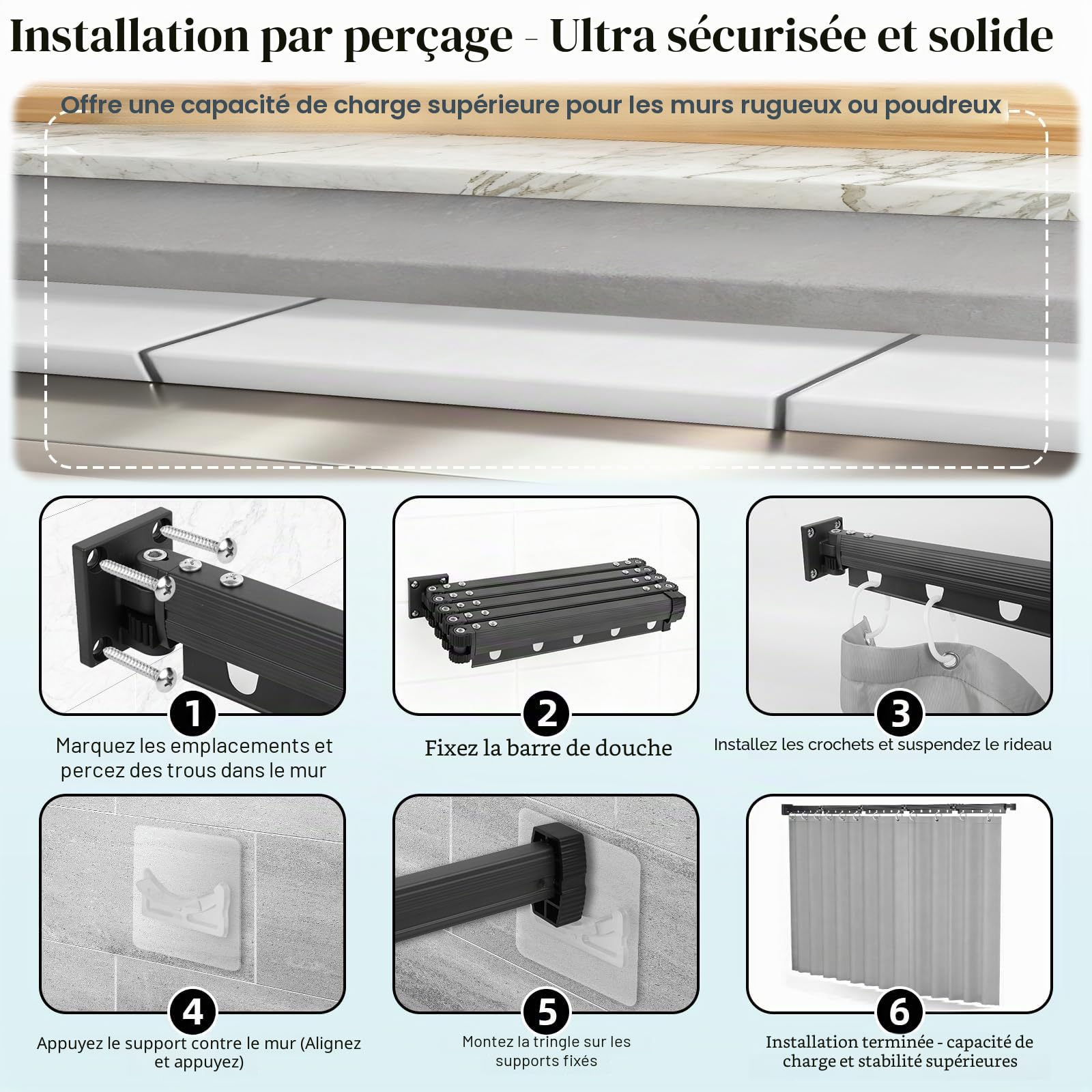 Pliable Tringle à Rideau Barre de Douche Angle Sans Percage, 1,8 m × 2 m Rideau de Douche Pliable Anti Moisissure Imperméable, Forme U/L/Droite, pour Salles de Bain, Vestiaires, Camping-cars