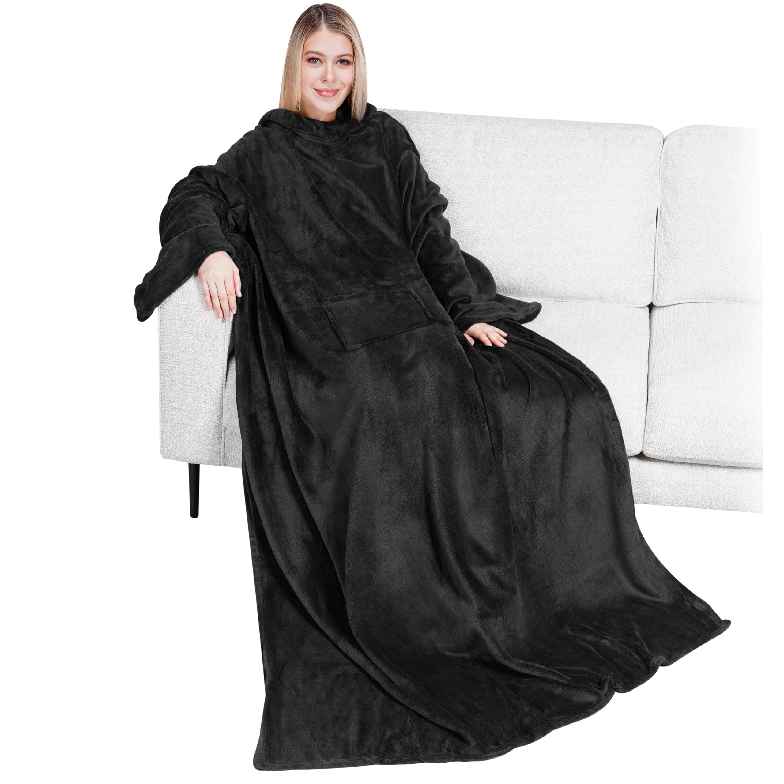 (パビリア) Pavilia プレミアムフリースブランケット 袖付き 大人用 男女兼用 マイクロプラッシュ 暖かで心地よく格別にソフト 軽量 機能的 着用できるスロー (掛け布) Regular Pocket ブラック 43224-16152