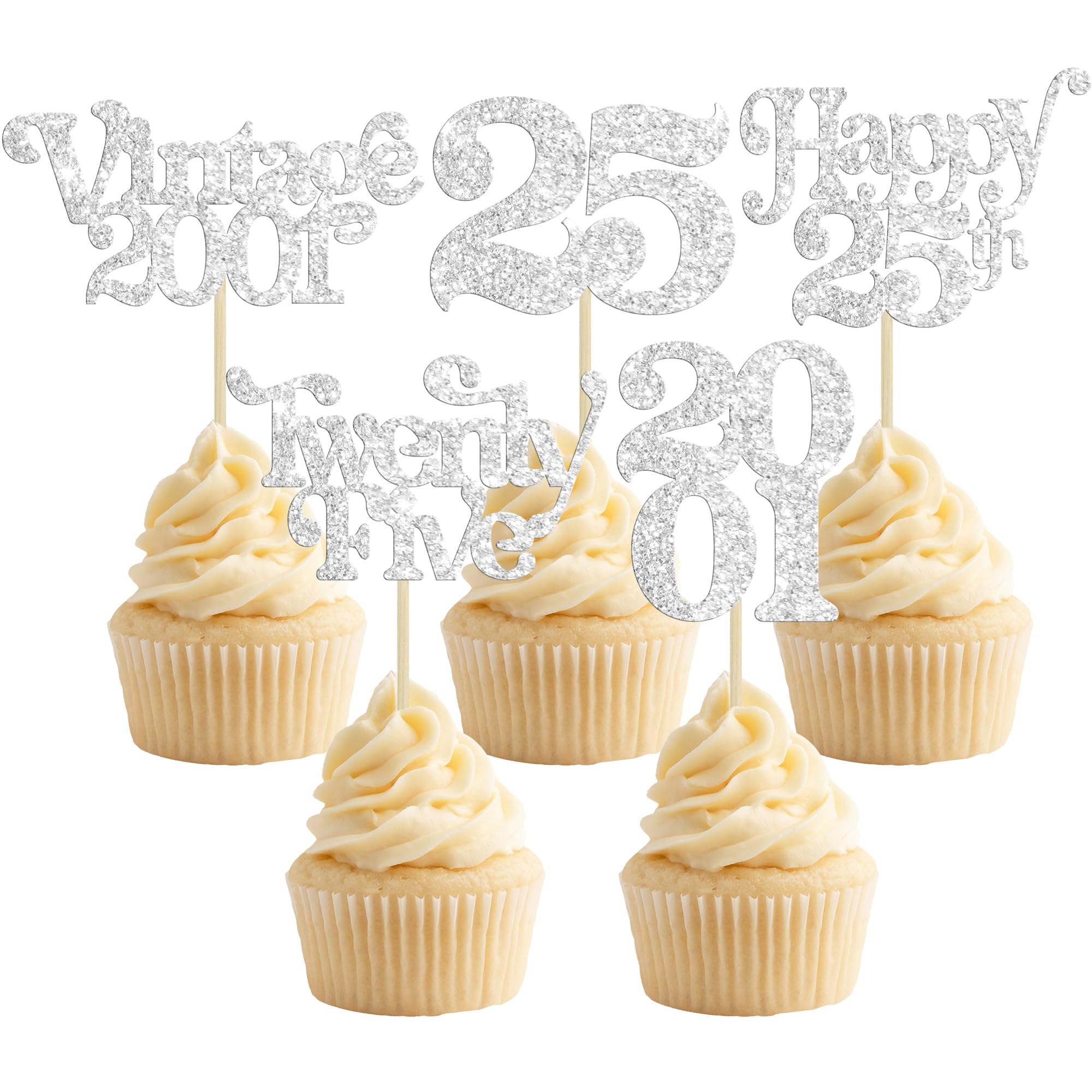 Gyufise 30Pcs 25th Birthday Cupcake Toppers Glitter Twenty-Five Vintage 2001 Cheers to 25 Cupcake Picks Hello 25 Years Birthday Cake Decorations for 25th Anniversary Party Supplies Silver