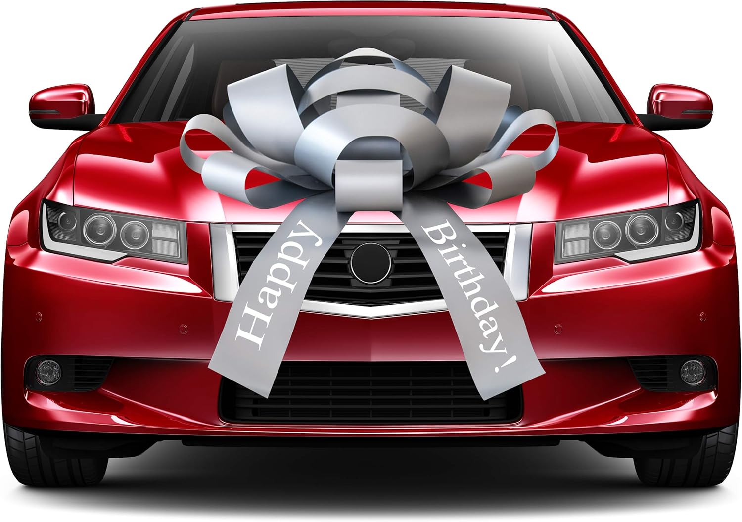 CarBowz Big Happy Birthday Car Bow, Giant 30" Bow, Non Scratch Magnet, Weather Resistant Vinyl Silver