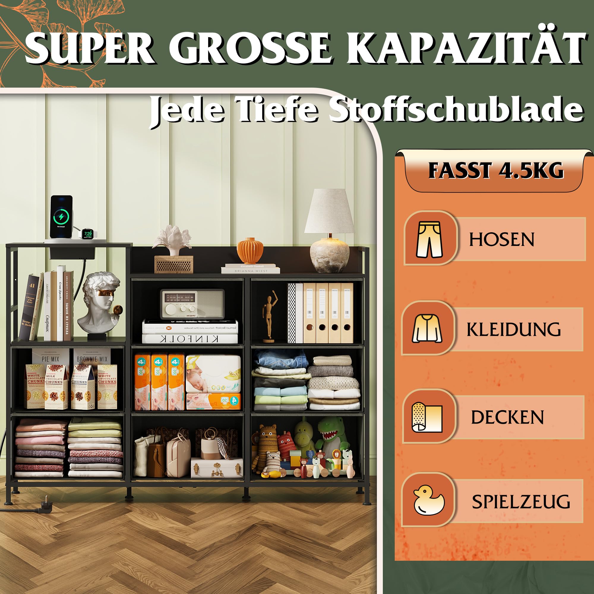 WLIVE 8 Kommode mit Schubladen, Stoffschubladen mit Auszügen, Bohemien | Kommoden & Sideboards mit LED und Ladestation