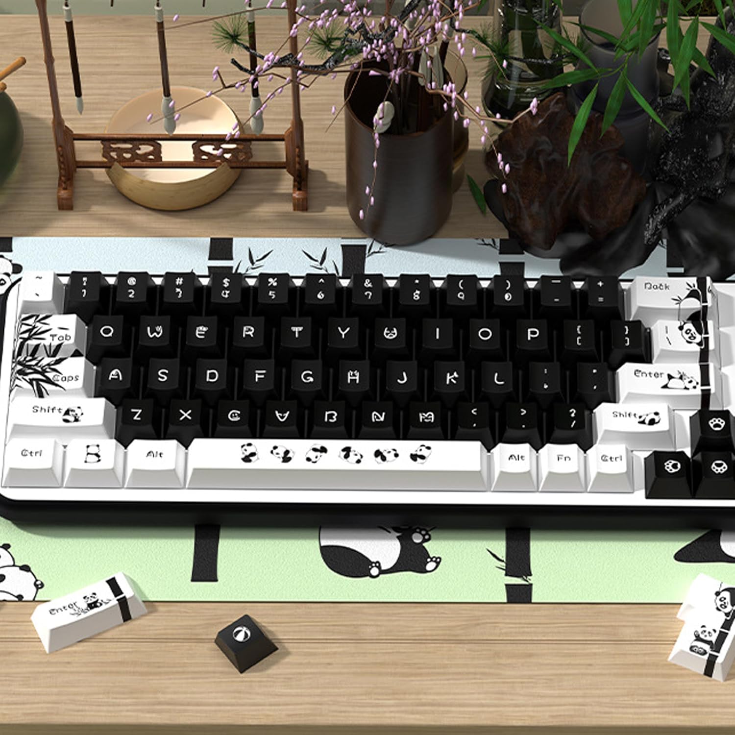 Panda Theme Keycap Set 138 Keys, Cherry Profile PBT Dye-Sub Keycaps for Mechanical Keyboard, 5-Side Sublimation Keycaps Compatible with MX Switch (for 60% 65% TKL 100% Layout)