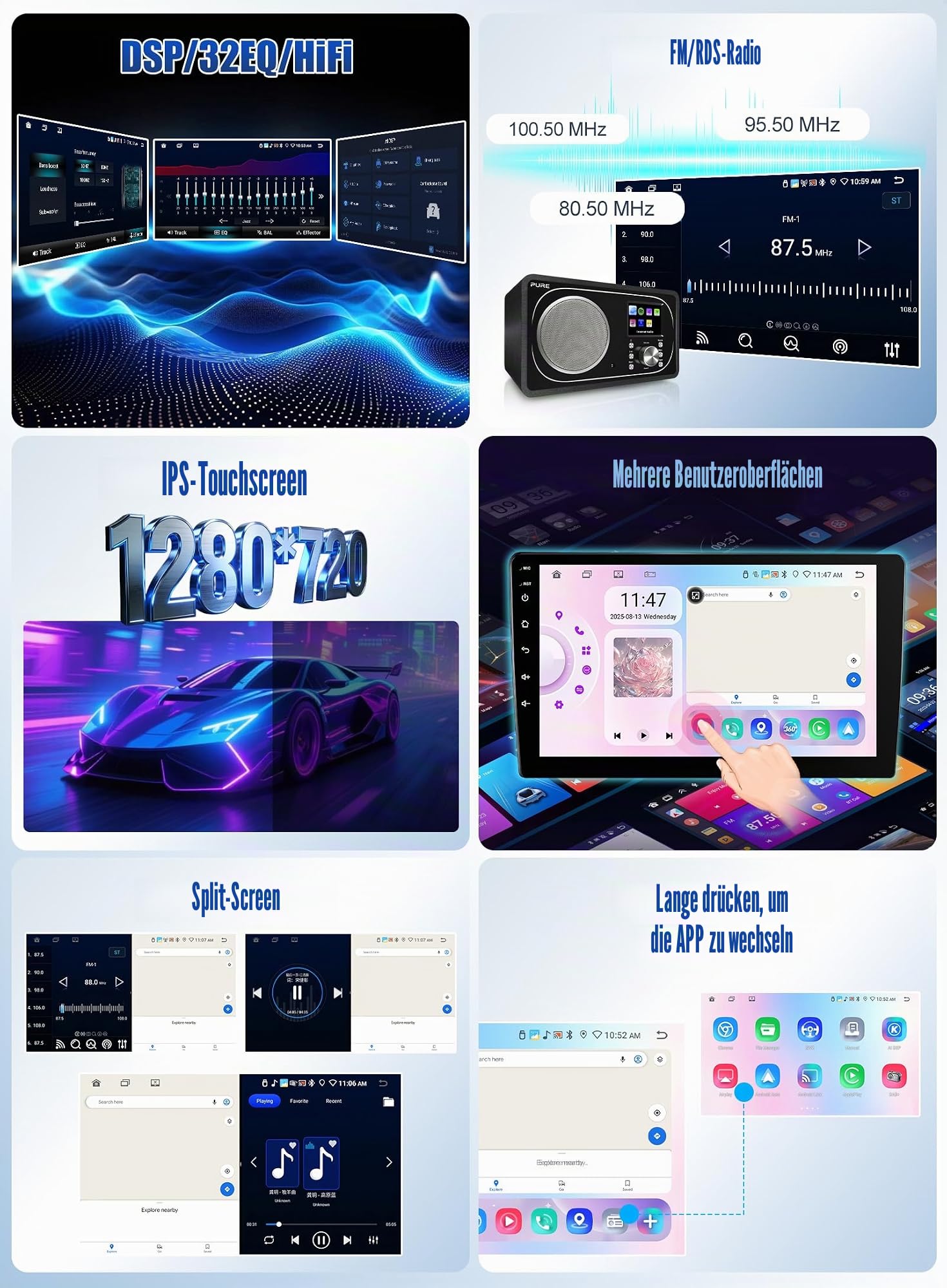 SIXWIN 8 Core 6+128G Android 15 Autoradio für Mercedes Benz Smart Fortwo 2005-2010 mit Carplay/Android Auto/DSP,9'' Touchscreen Radio mit WiFi/GPS/Bluetooth/FM/RDS/32EQ/Lenkradsteuerung+Rückfahrkamera