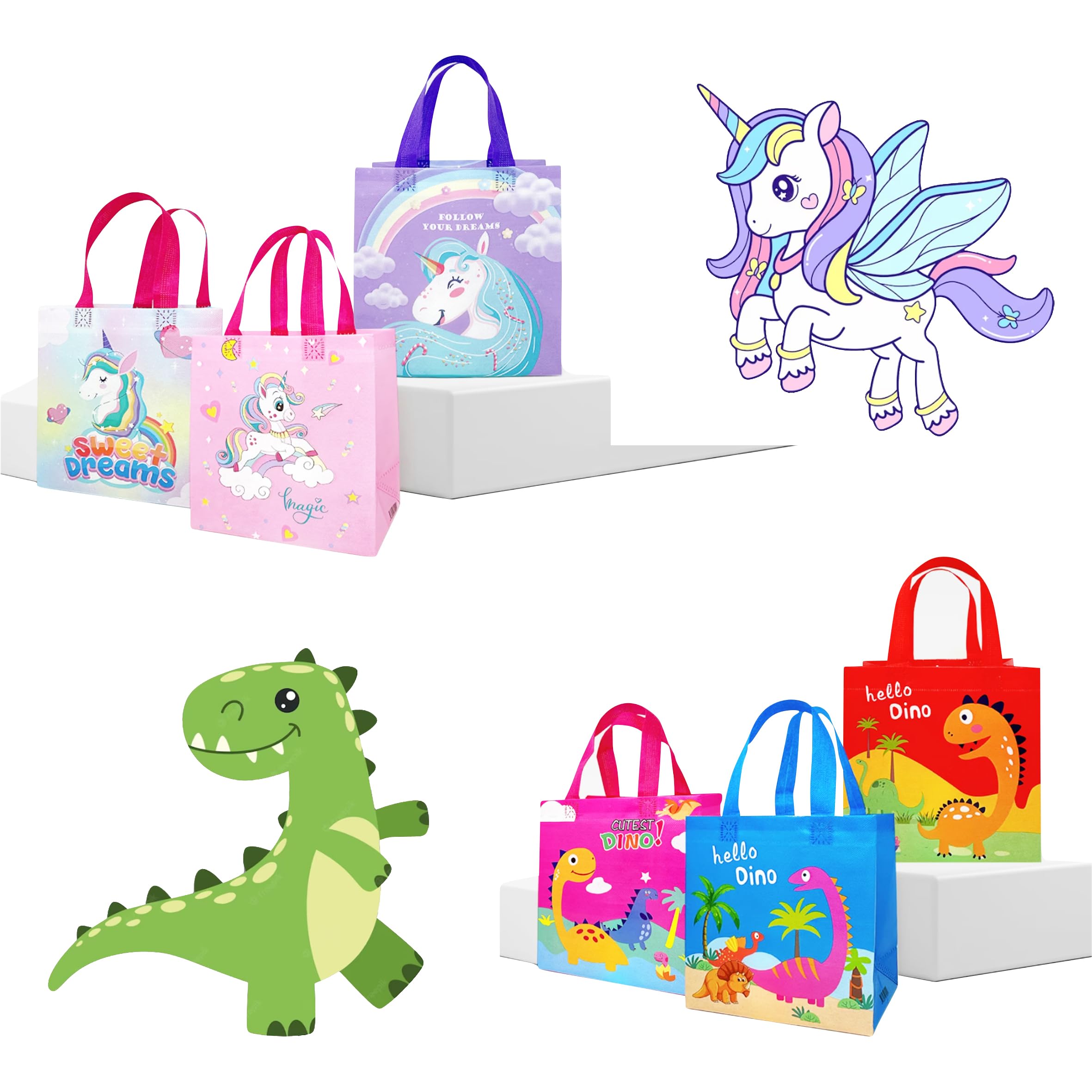 PARTEET 6Pcs Small Return Gift Bags for Kids,Unicorn & Dinosaurs Theme,Canvas Return Gift Bag for Birthday,Kanya Pujan, Christmas & Party Favors, Multicolor Gift Cover Small Handbag(Assorted Design)