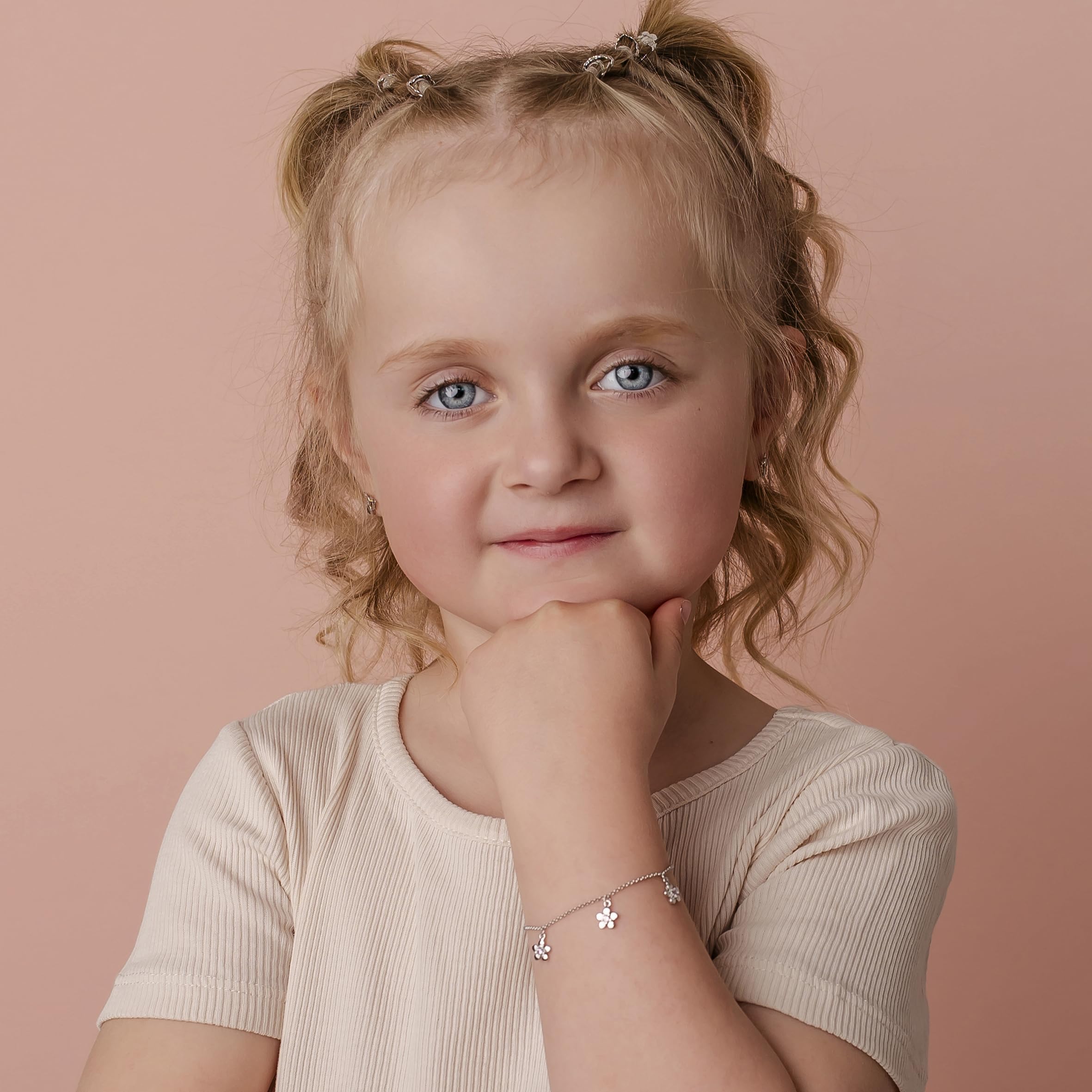 Sakrami Pulsera con Tres Colgantes en Forma de Flores con Circones Rosa Caja Regalo Personalizada kids Collection - Pulsera para Nacimiento Comunión o Bautismo