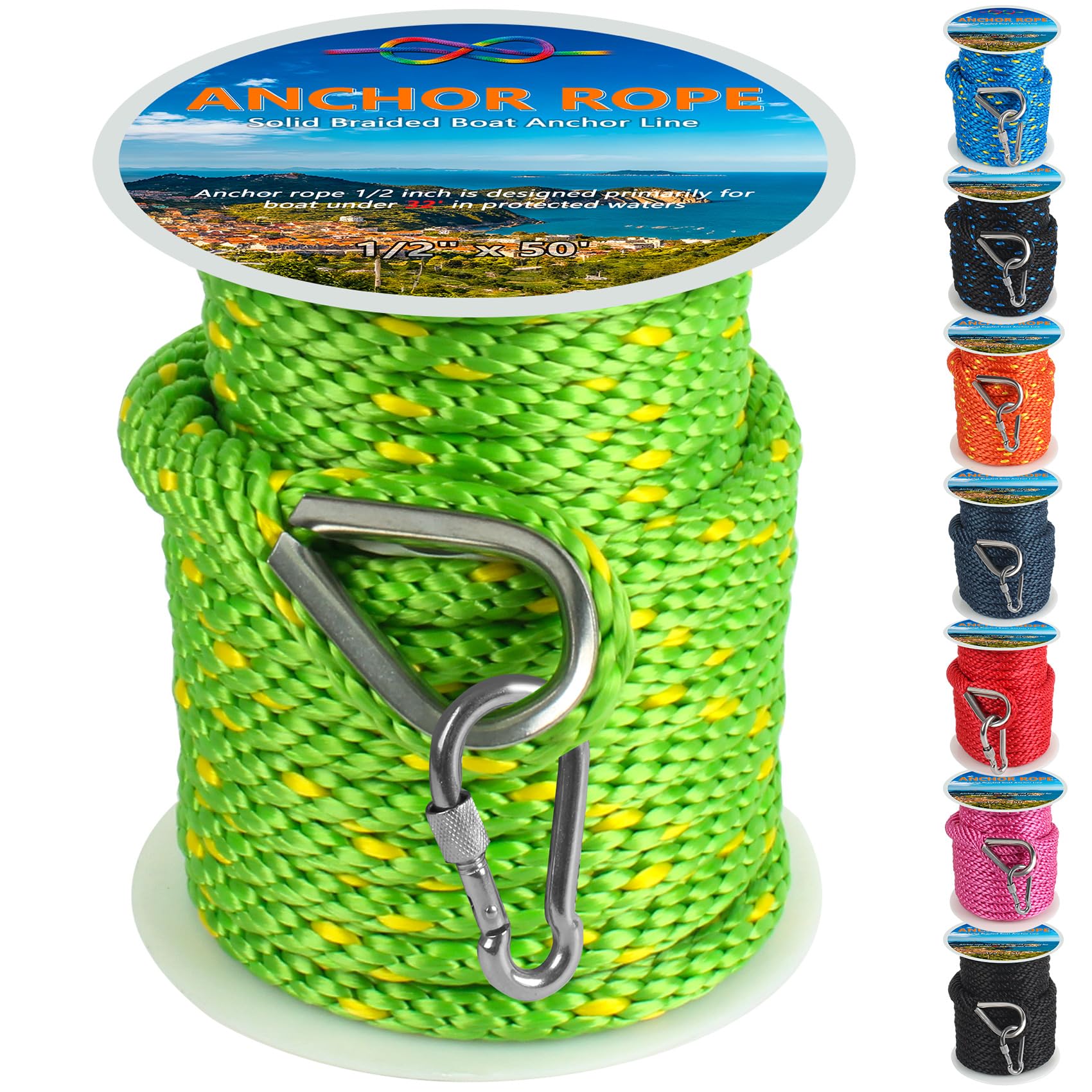 Ankerseil 1,27 cm 15,7 m, Bootsankerseil massives Geflecht MFP, Ankerleine mit 316 Edelstahl-Fingerhut und Karabinerhaken zum Abschleppen, Festmacher, Docking, Verankerung von Booten bis zu 81,3 cm