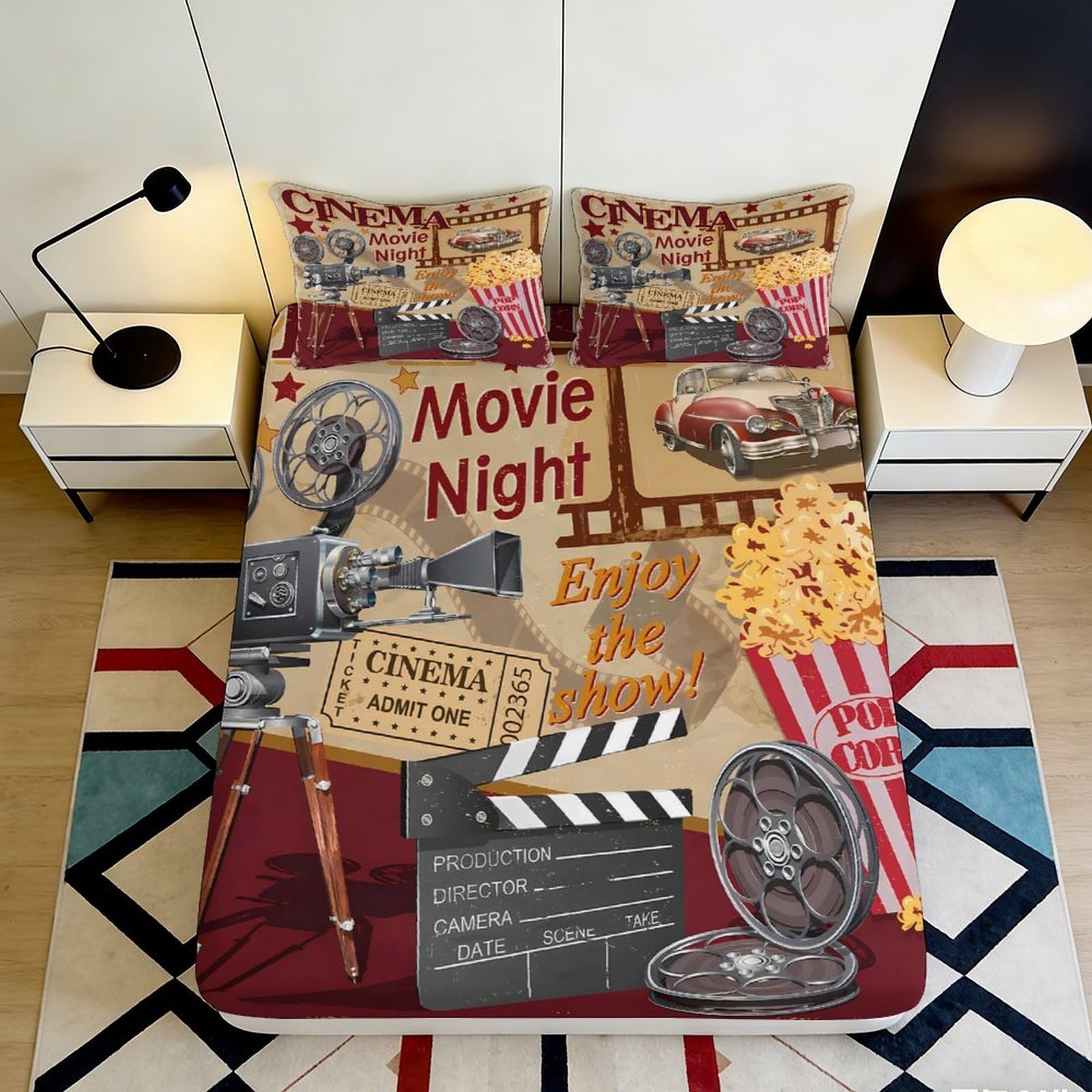3D Printed Movie Night Fitted Sheet Microfiber Retro Cinema Popcorn Mattress Cover Anti-Slip Easy Care for Bedroom Decor 200x200x25cm