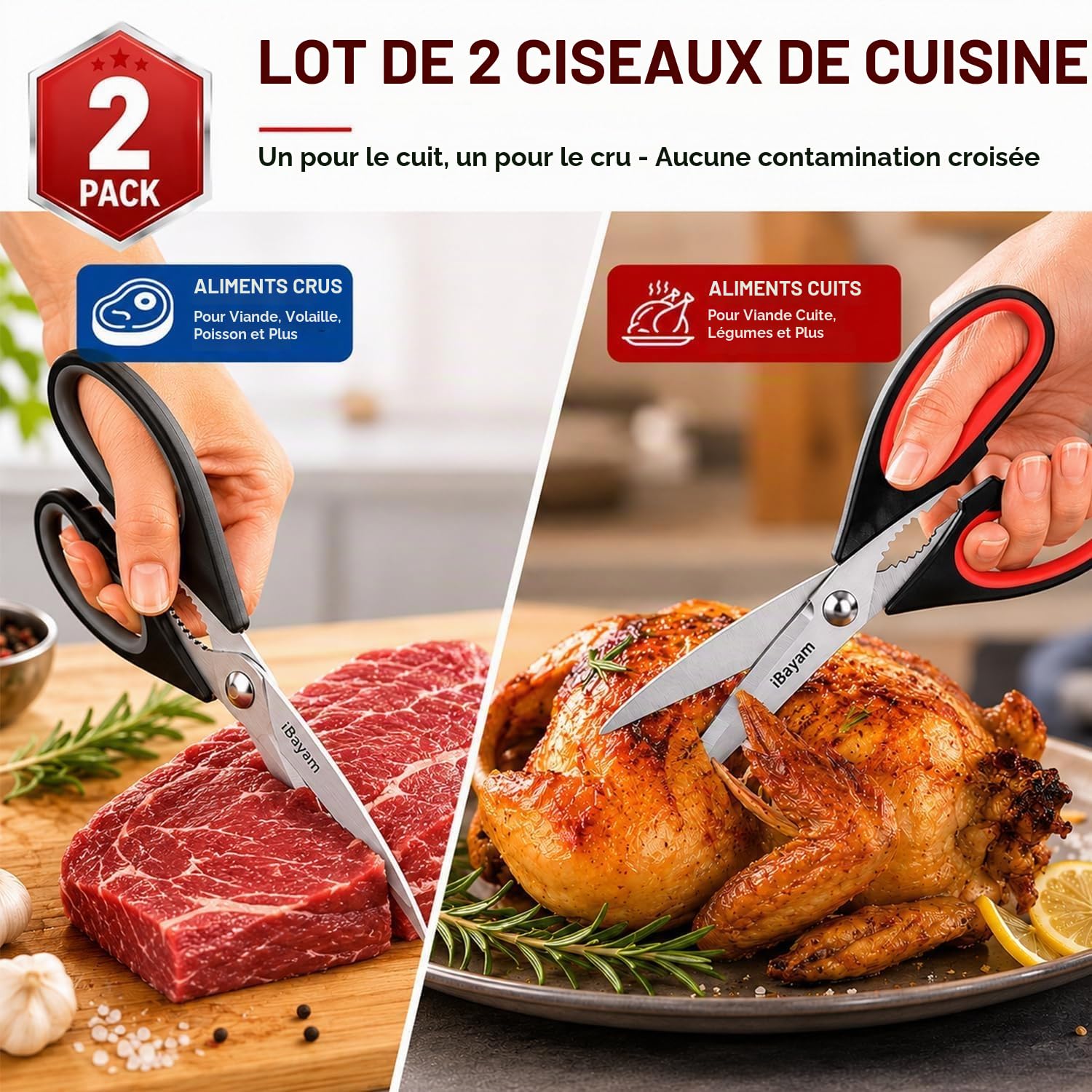 iBayam Lot de 2 Paires de Ciseaux de Cuisine Robustes et tranchants en Acier Inoxydable pour Poulet, volaille, Poisson, Herbes