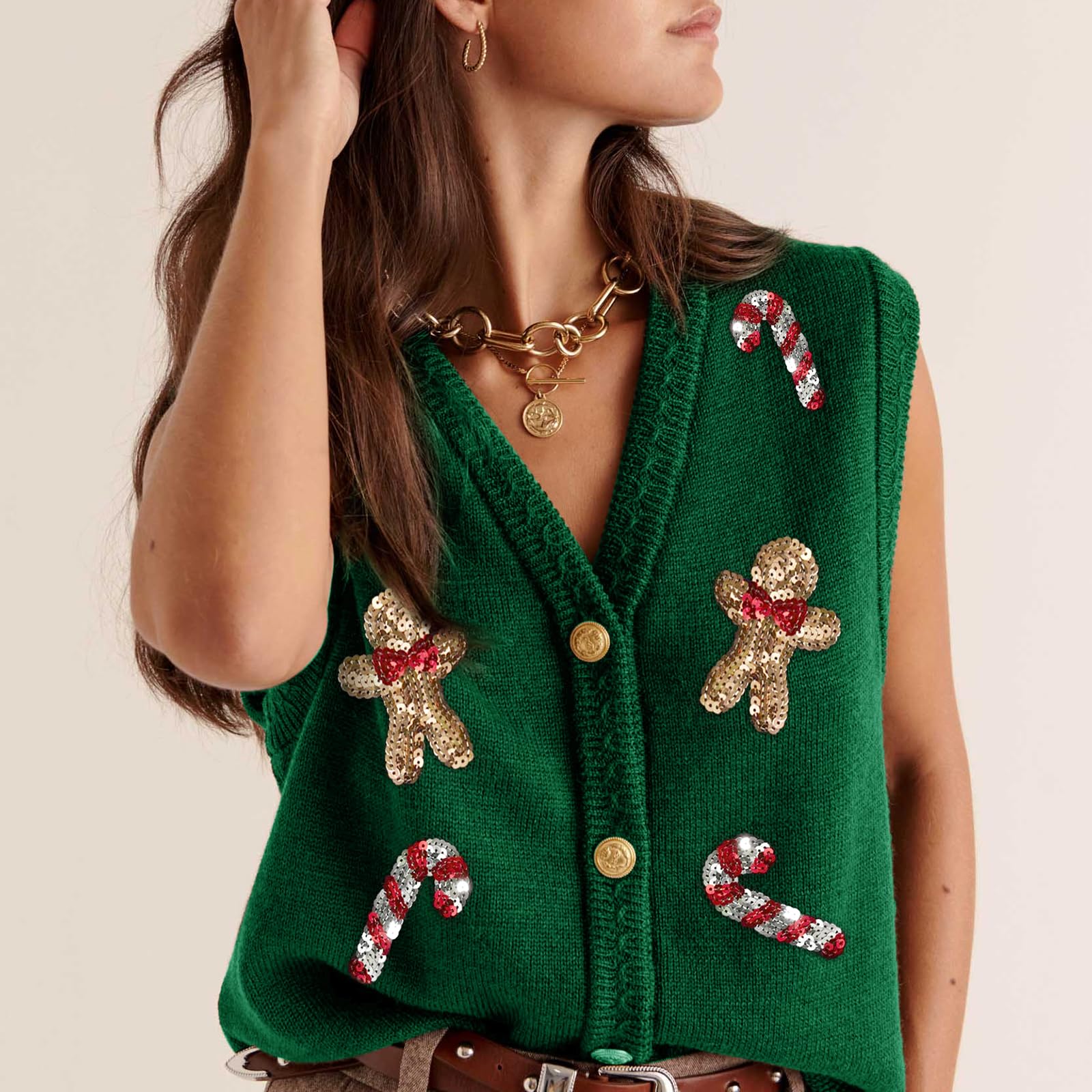 Pull de Noël moche pour femme - Imprimé Père Noël à paillettes - Sans manches - Bouton sur le devant - Cardigan en tricot
