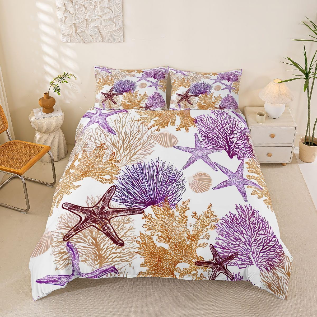 Kids Nautical Coastal Bedding Set Queen Size Beach Ocean Theme Duvet Cover For Boys Girls Teens Bedroom Decor Summer Tropical Seashell Starfish Coral Comforter Cover Purple Yellow Microfiber 3Pcs