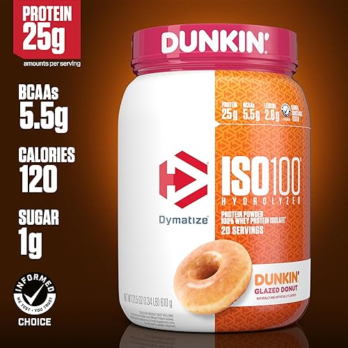 Miniatura 2 de Dymatize Polvo de proteína hidrolizada ISO100, 100% aislado de suero de leche, sabor Dunkin' glaseado, 20 porciones, sin gluten
