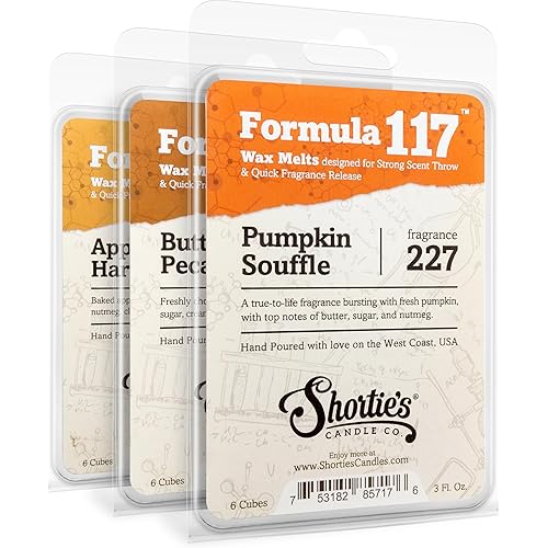 Shortie's Candle Company Fall Wax Melts Variety Pack - Pumpkin Souffle, Butter Pecan Pie, Apple Harvest - Formula 117-3 Highly Scented 3 Oz. Bars - Made with Natural Oils - Fall Warmer Wax Cubes
