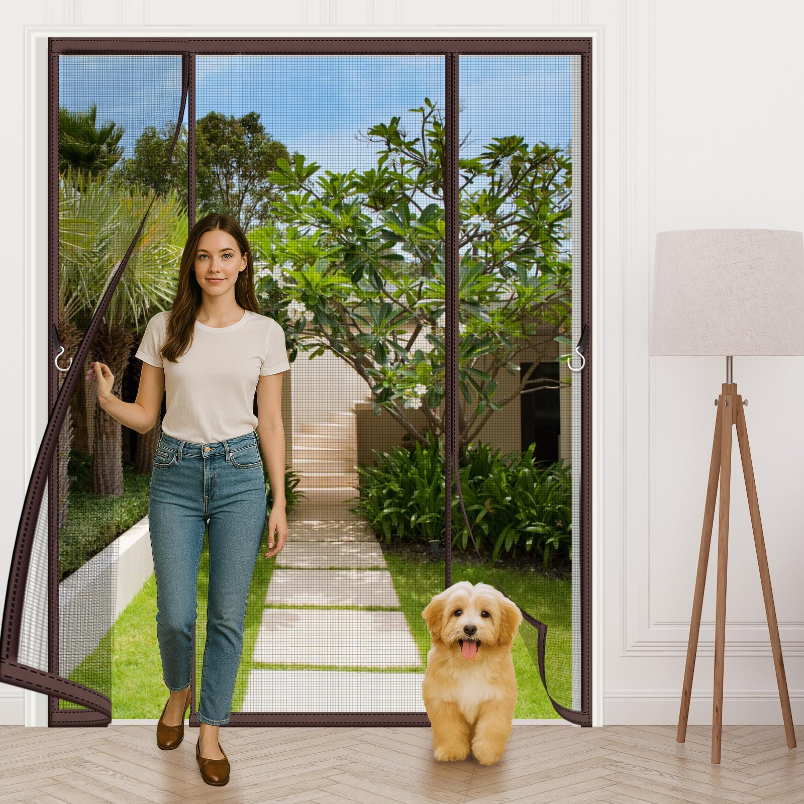 Magnetic Fly Screen for Double Doors 230x190cm,Heavy Duty Self-Closing Full Frame Mesh with Insect Proof & No-Tools Hook & Loop Installation for Patio Sliding French Doors, Brown — image 1