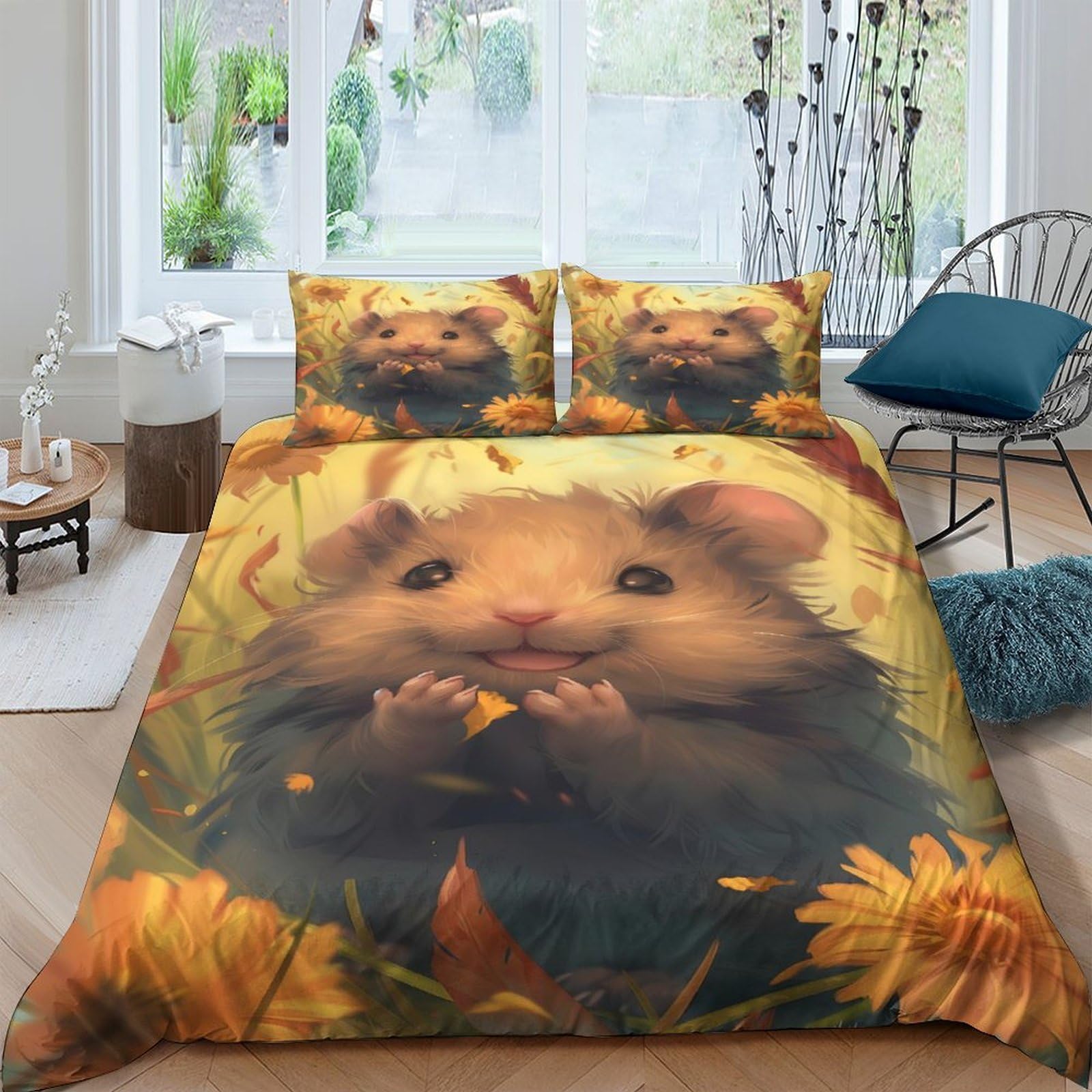 Ctjqhvkz Style-4 3D Printed Cute Hamster Fitted Sheet Microfiber Soft Animal Yellow Flower Mattress Cover For Bedroom Guest Room Decor Single（135X200cm）