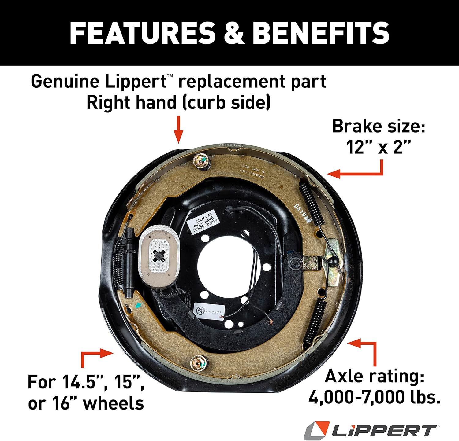 Replacement Electric Brake Assembly for RVs, Right Side, 12" x 2"; 4,000-7,000 lbs.