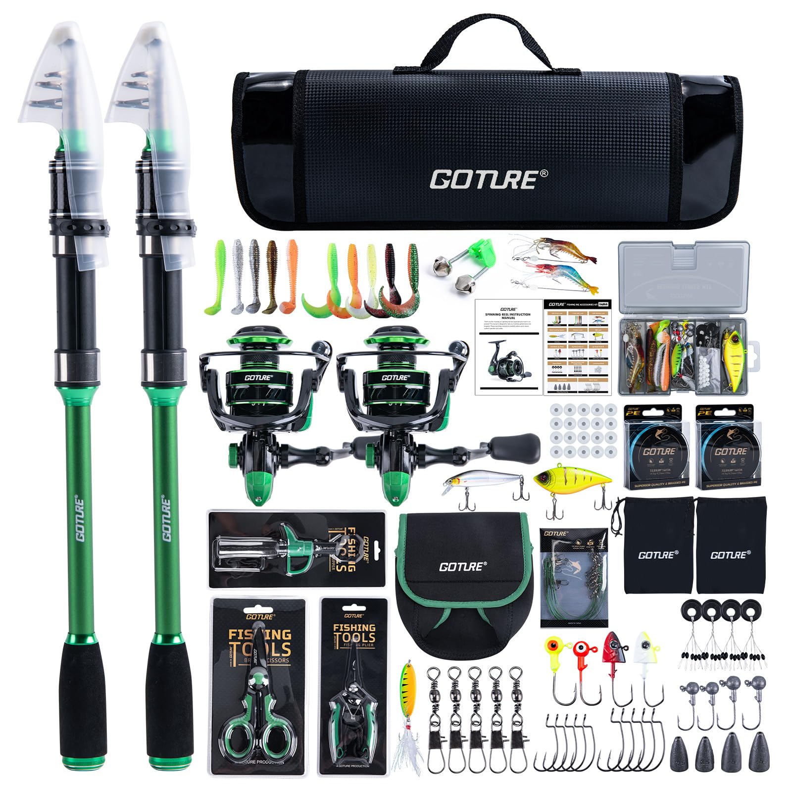Goture Double Fishing Rod and Reel Combos with Carrier Bag, Green Telescopic Pole B Spinning Reel Lures Set, Telescopic Fishing Rod Fishing Kit for Travel Saltwater Freshwater 1.8M
