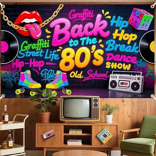 Miniatura 3 de Fondo de Back to The 80 de 6 x 3.6 pies con cinta de 19.69 pies  Cartel temático retro de los años 80 con ojales y doble costura para decoraciones