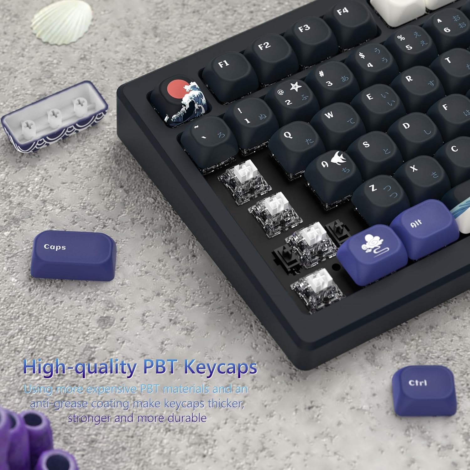 Womier PBT Black Keyboard Keycaps, Japanese MOA Keycaps for Mechanical Keyboard, Cute Custom Dye-Sublimation Key Cap for 60 65 75 100 Percent, Kanagawa