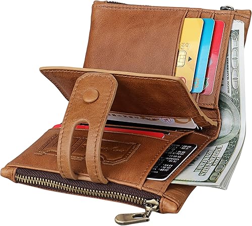 Miniatura 2 de Cartera de cuero genuino para hombres RFID bloqueo plegable con bolsillo para monedas, billetera de seguridad con cremallera, Marrón (Brown-01),