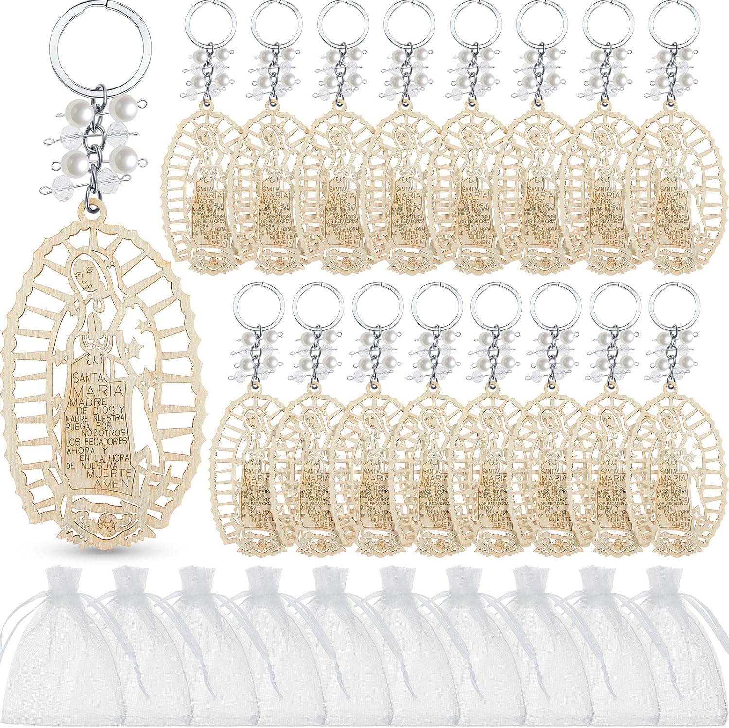 Hicarer Baptism Our Lady of Guadalupe Wood Design Keychain with Organza Gift Bags for Baptism Christening Communion