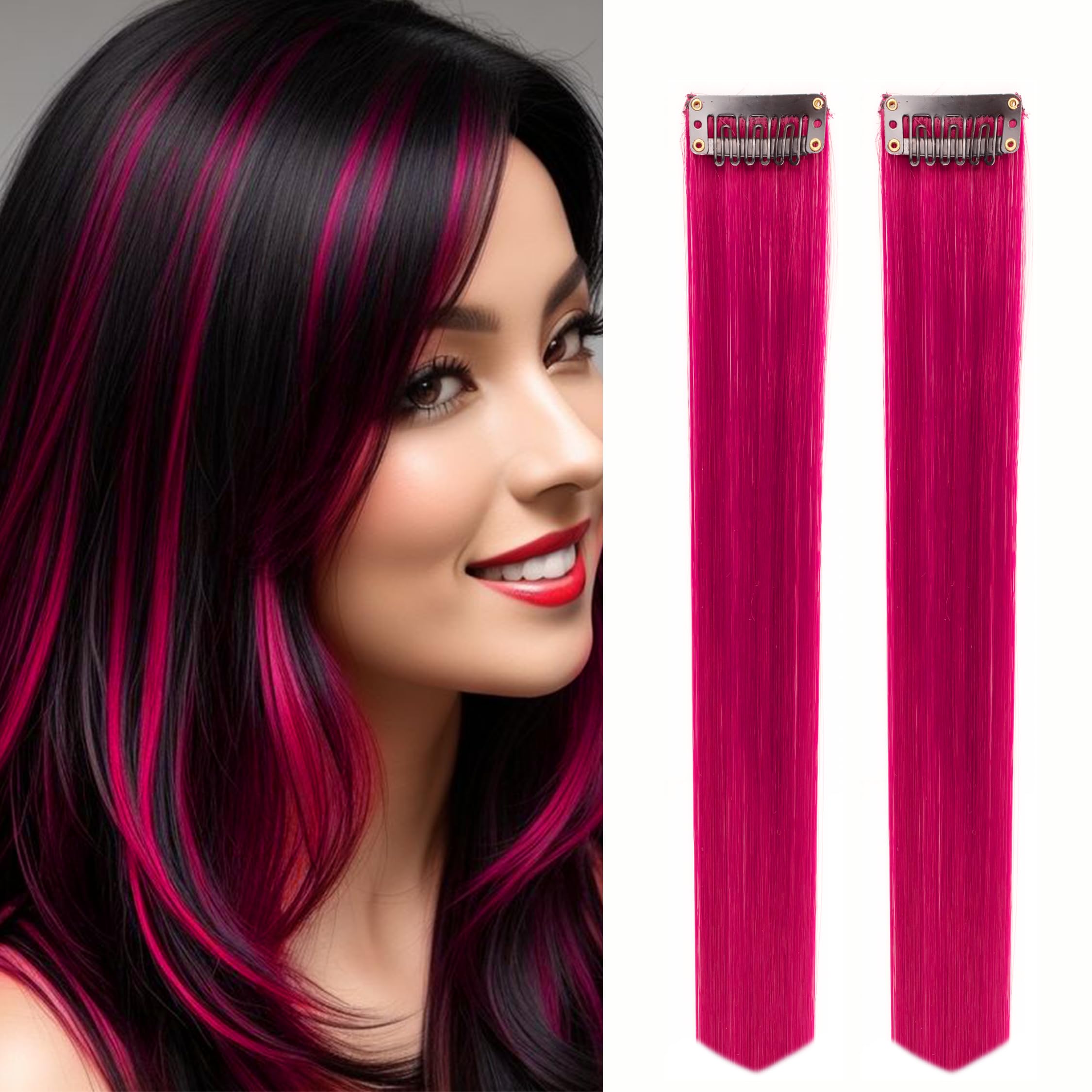 Paradise® Magenta Hair Extensions 22 inches, Pack of 2 Clip-based Straight Colored Hair Streaks for Women & Girls, Party Funky Synthetic Hair Patches-image-21
