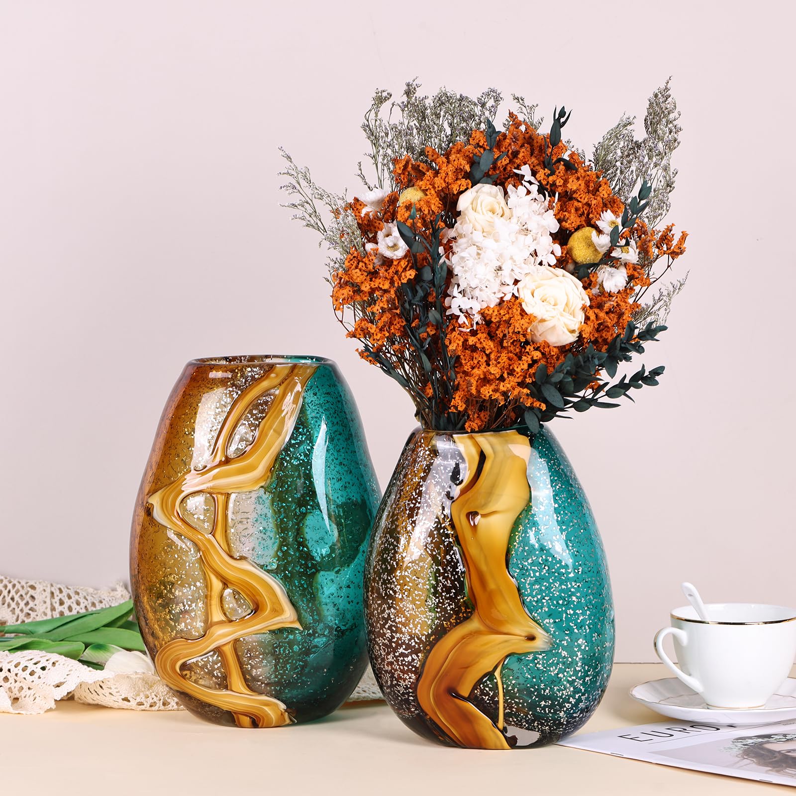Jarrón de cristal verde azulado, jarrones de cristal verde soplado a mano, jarrones de cristal de Murano, decoración única de cristal de mesa, flores con jarrón decorativo, decoración de