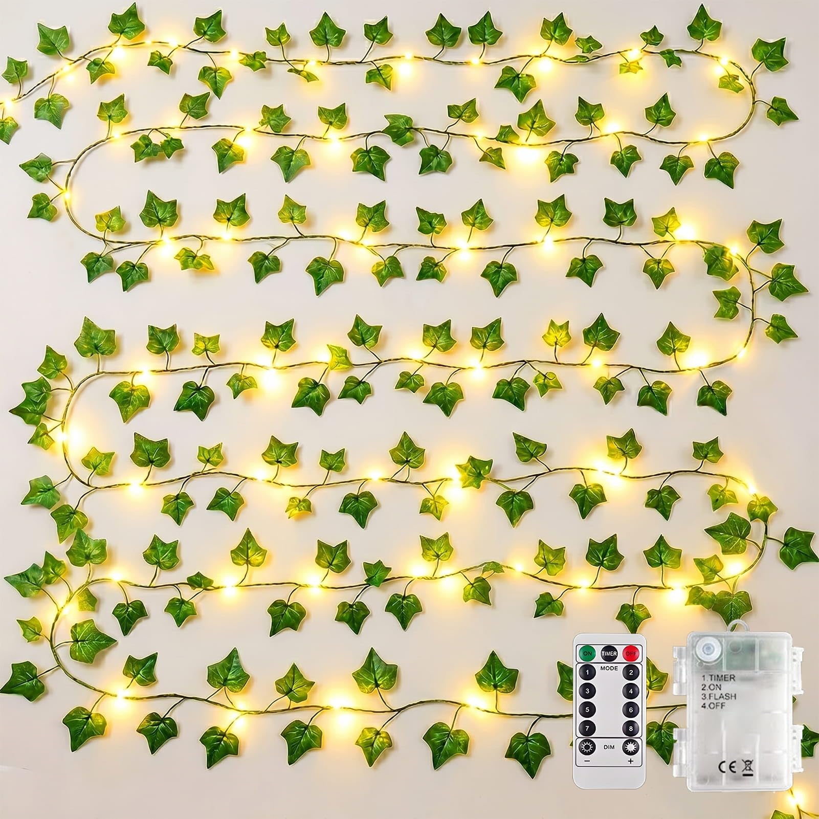 Dekofun Vines with Fairy Lights -10M 100LED Ivy Fairy Lights Battery Operated with Remote, 8 Modes Waterproof Fake Ivy Garland Artificial for Bedroom Garden Wall Spring Outdoor Indoor Aesthetic Decor
