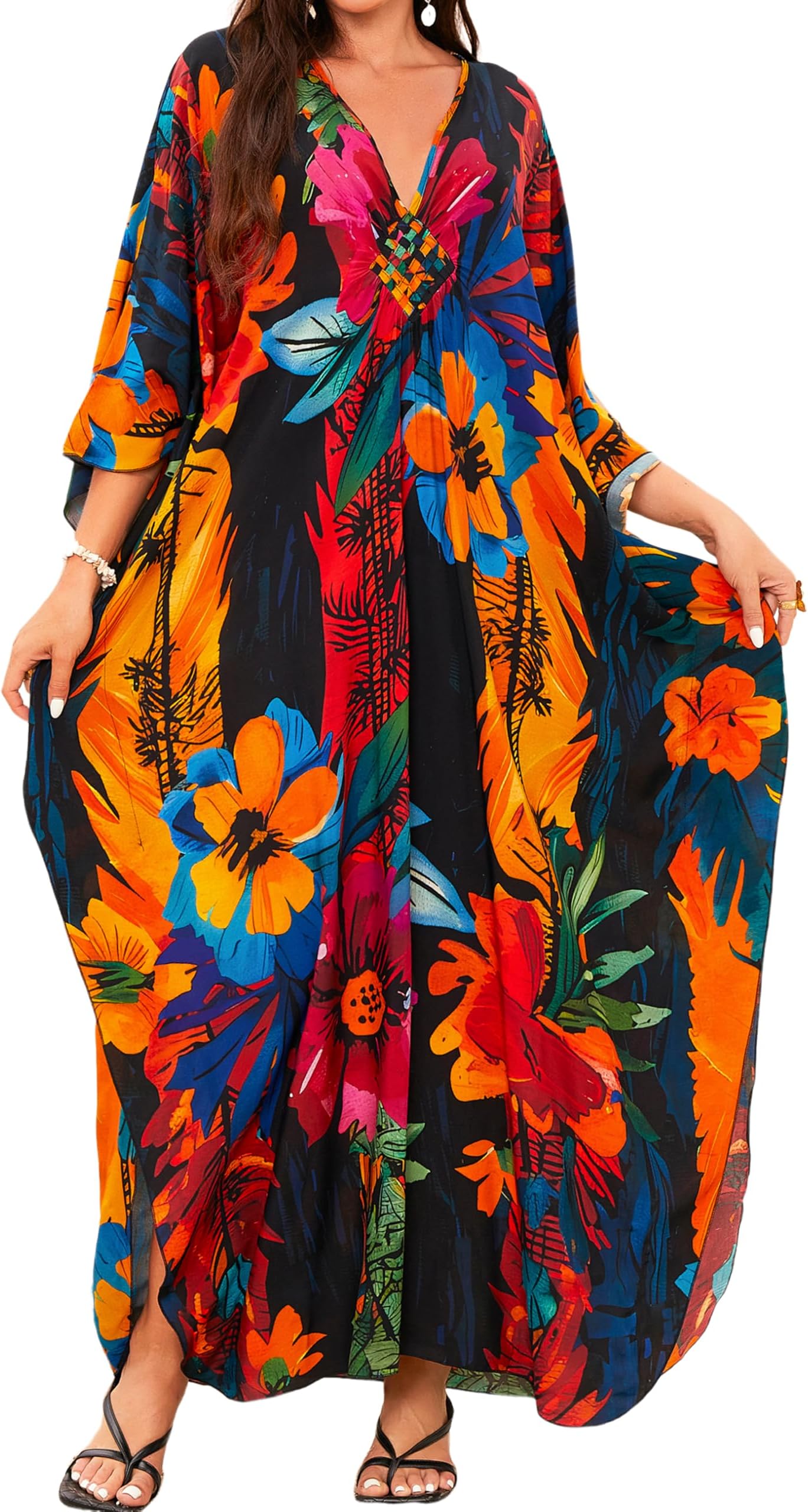 Kaftan Dresses for Women, V Neck Moo Moos Colorful Print Cover Ups Caftan Beach Dresses for Swimwear