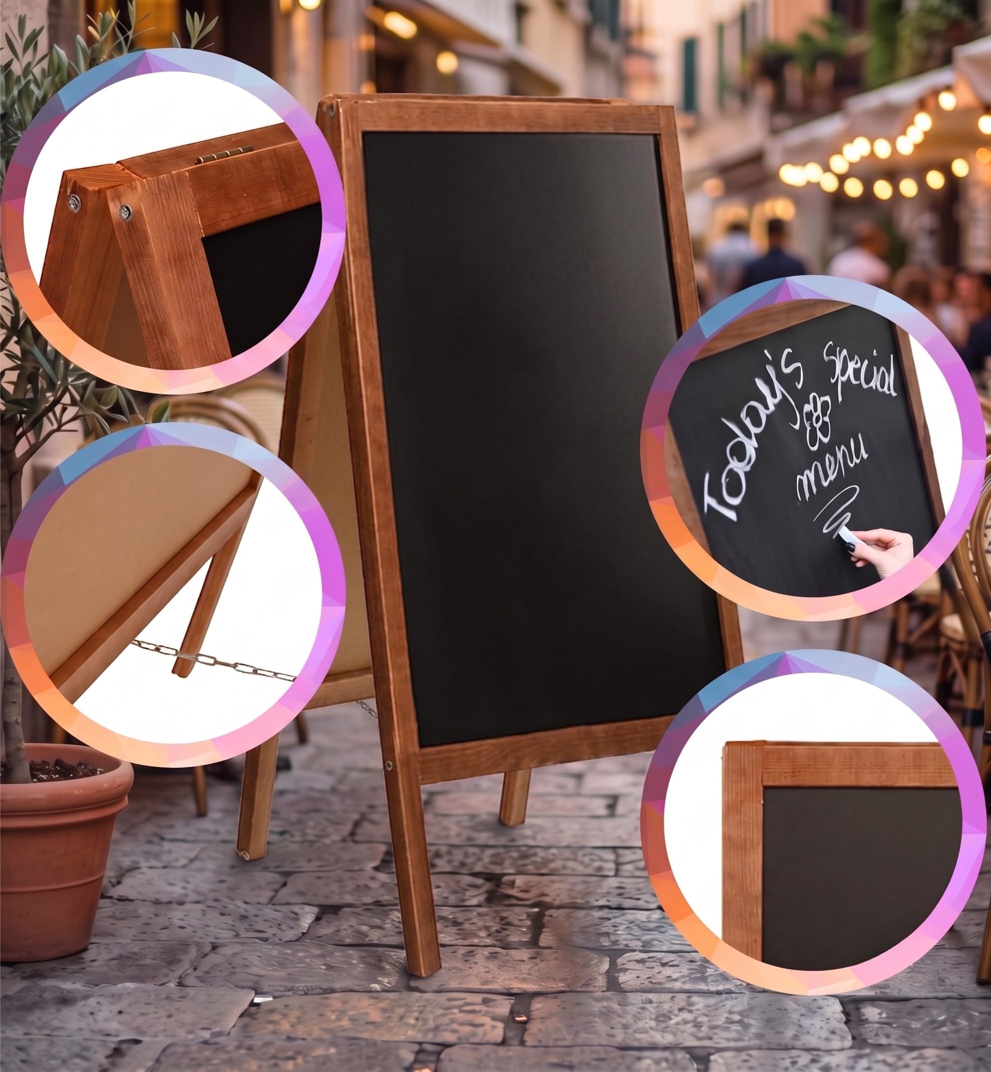 VELORA H&L Chevalet Ardoise 60 x 120 cm Marron – Stop Trottoir Double Face en Bois pour Restaurant Café Commerce, Tableau de Menu, Tableau Noir à Craie, Panneau Publicitaire Extérieur Pliable