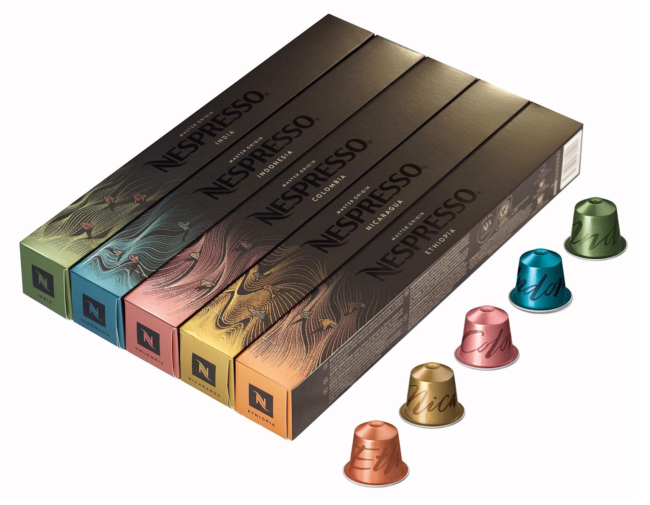 Nespresso Café Master Origin paquete variado 50 cápsulas: Colombia, Etiopía, India, Indonesia, Nicaragua - Sistema Original