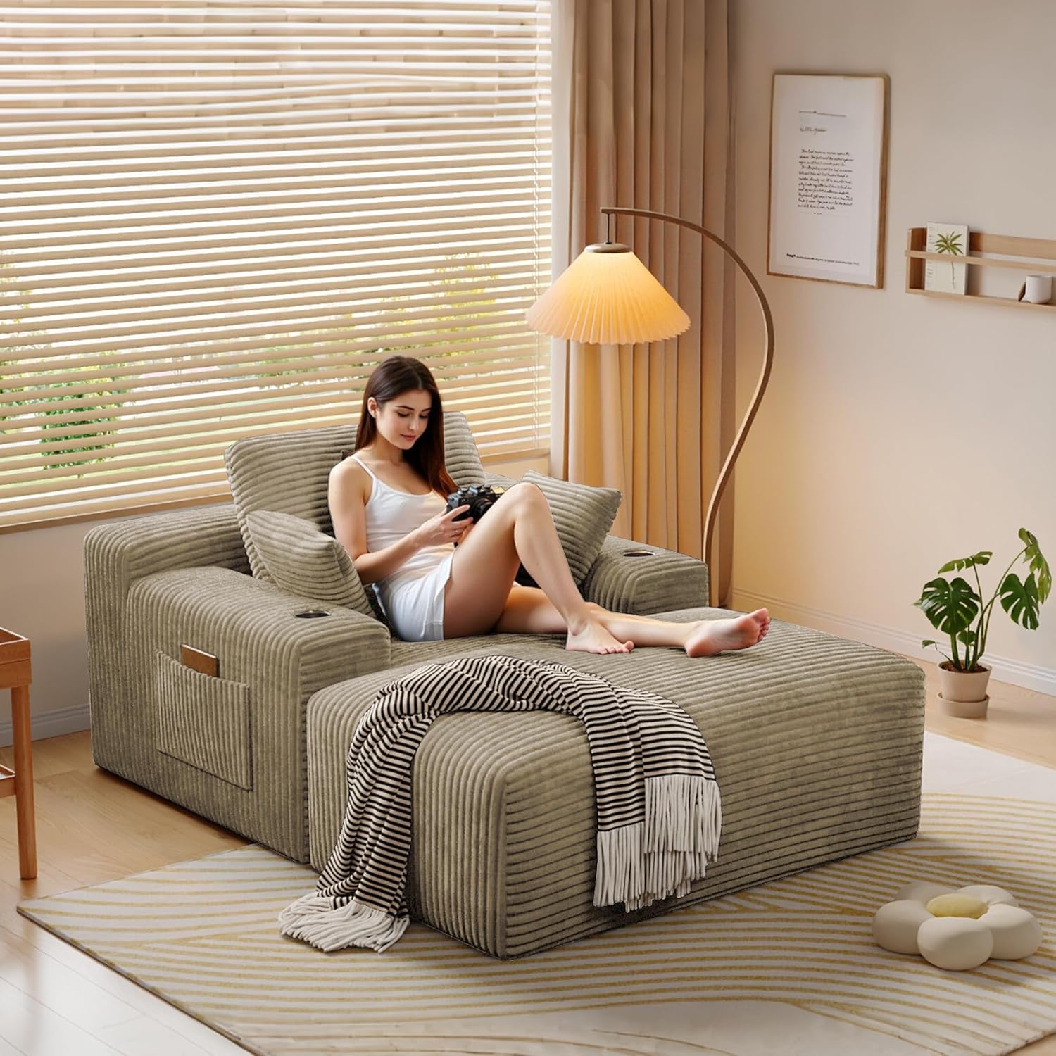 MoonSpeak 67" Boneless Reading Chair with Lounges Chaise Indoor, Corduroy Cloud Couch with 1 Ottoman, Upholstered Sleeper Sofa Bed with Wide Armrest and 3 Pillows for Living Room,Reading Room (Khaki)