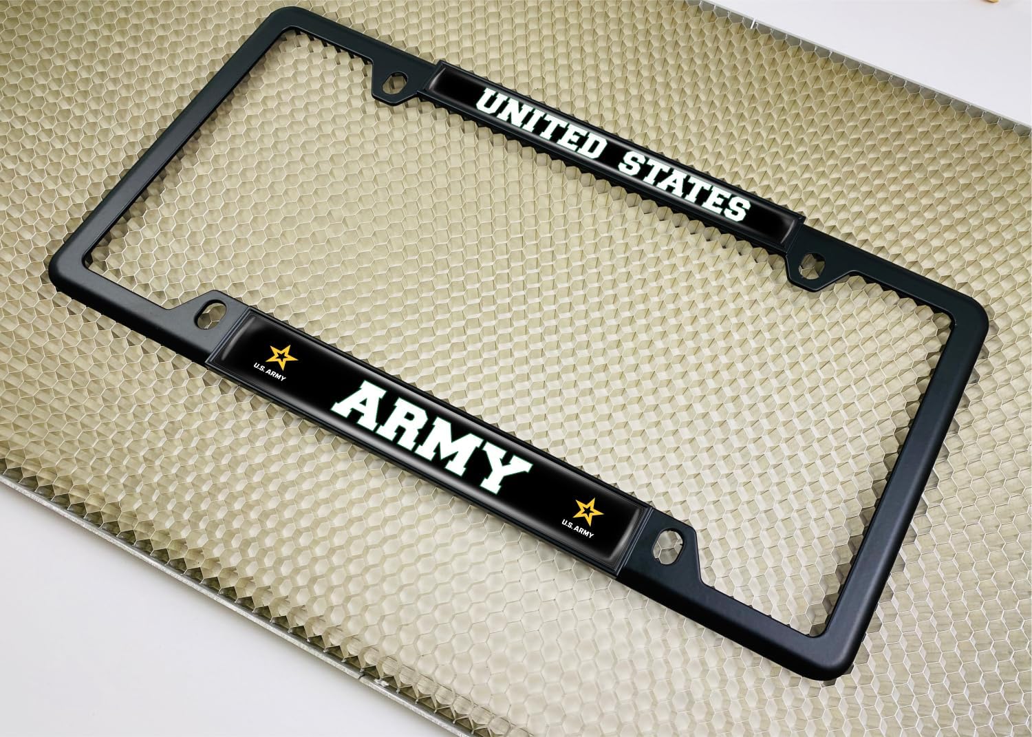 [Officially Licensed Product] - United States Army with Star Logo Domed Custom-Made Personalized Narrow (Thin) Top 4 Hole Metal Car License Plate Frame with Free caps - Black (Quantity: 1 Frame)