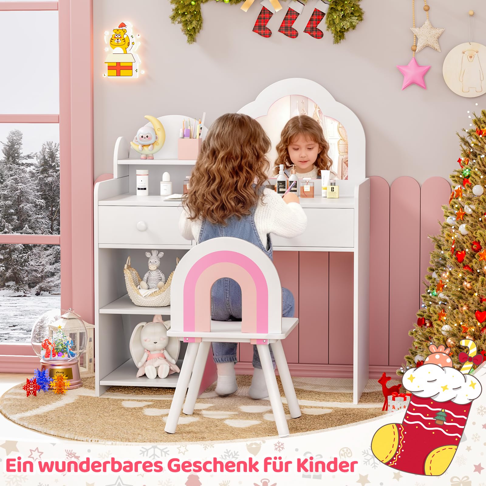 MAMIZO Schminktisch Kinder Set, Wolkenförmiger Kinderschminktisch mit Spiegel, Hocker, Schubladen und Aufbewahrungsschränken, Prinzessin Frisiertisch aus Holz, 73,5x40x90,5cm, Weiß