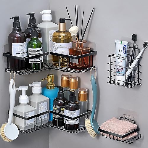 Corner Shower Caddy, 4-Pack Adhesive Shower Caddy with Soap Holder and 12 Hooks, Rustproof Stainless Steel Bathroom Shower Organizer, No Drilling