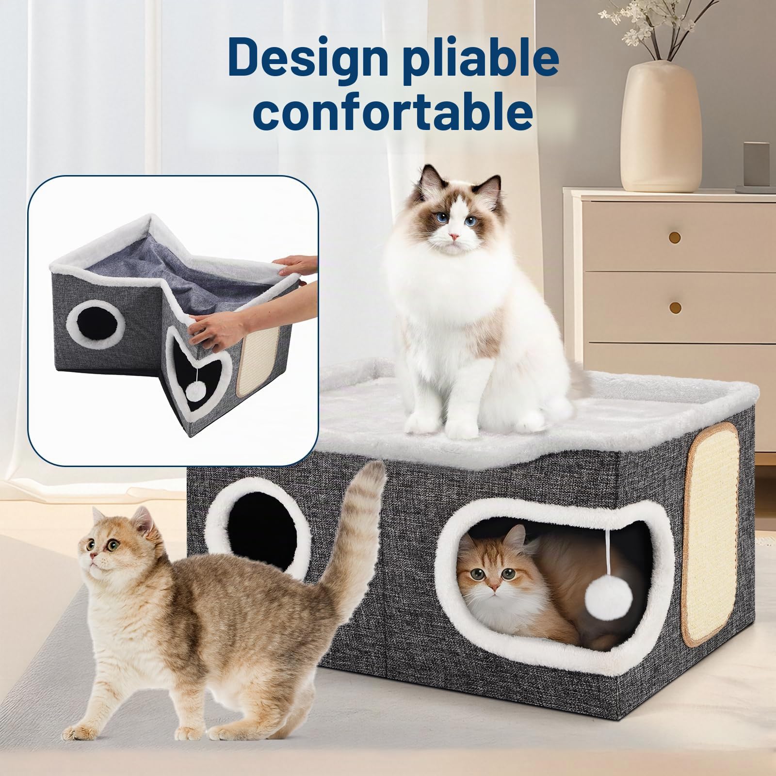 Shikha Niche Pliable pour Chat, Maison d'intérieur pour Grands Chats, 61 x 45 x 32 cm, 2 Couches de Cube pour Chat, XXL avec griffoir et Balle de Jeu,Niche pour Grands Animaux de Compagnie, Gris