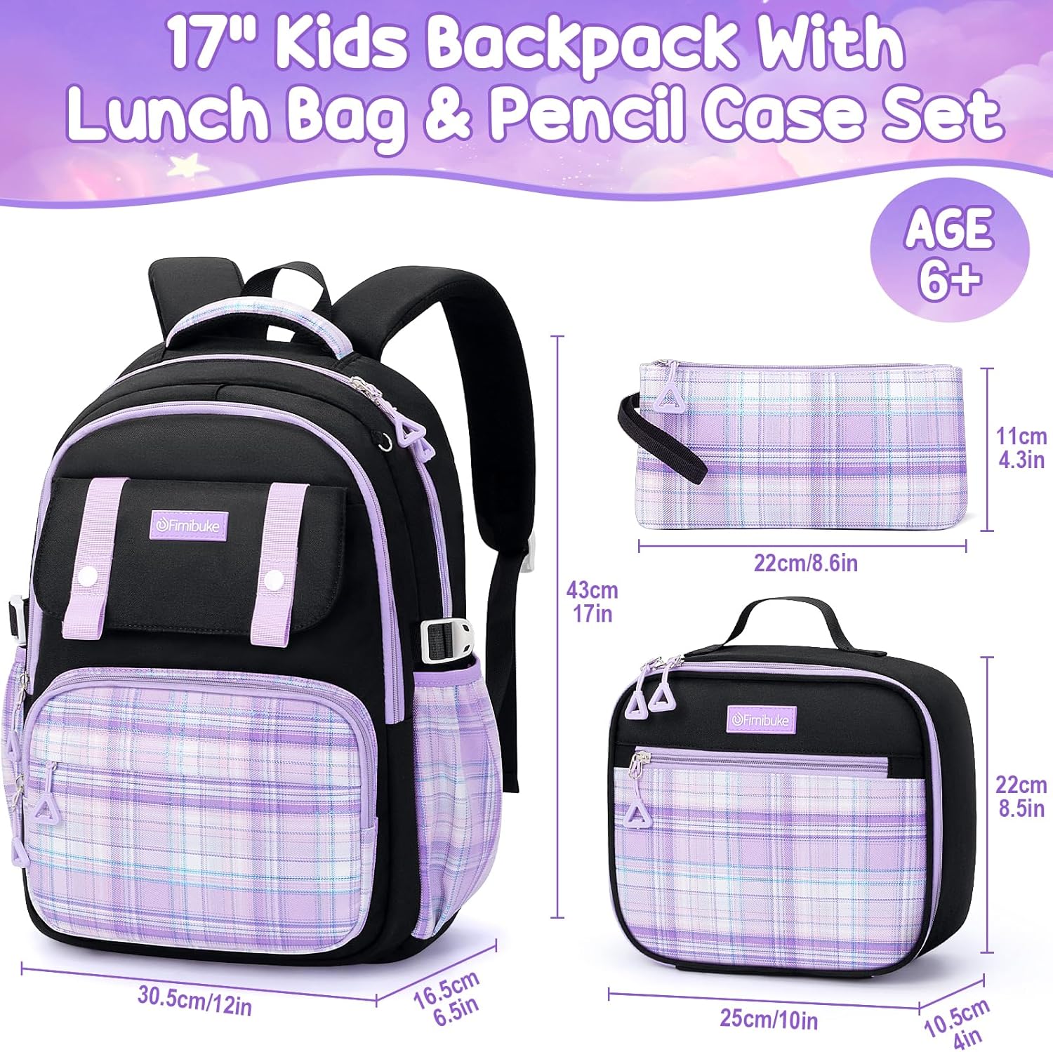 Fimibuke School Backpack for Girls, 3 PCS Waterproof Teen Girls Backpack with Lunch Box, Pencil Pouch Set, Cute Kids Bookbag School Bag for Elementary Middle High School Student Age 6+(Black & Purple) - Image 2