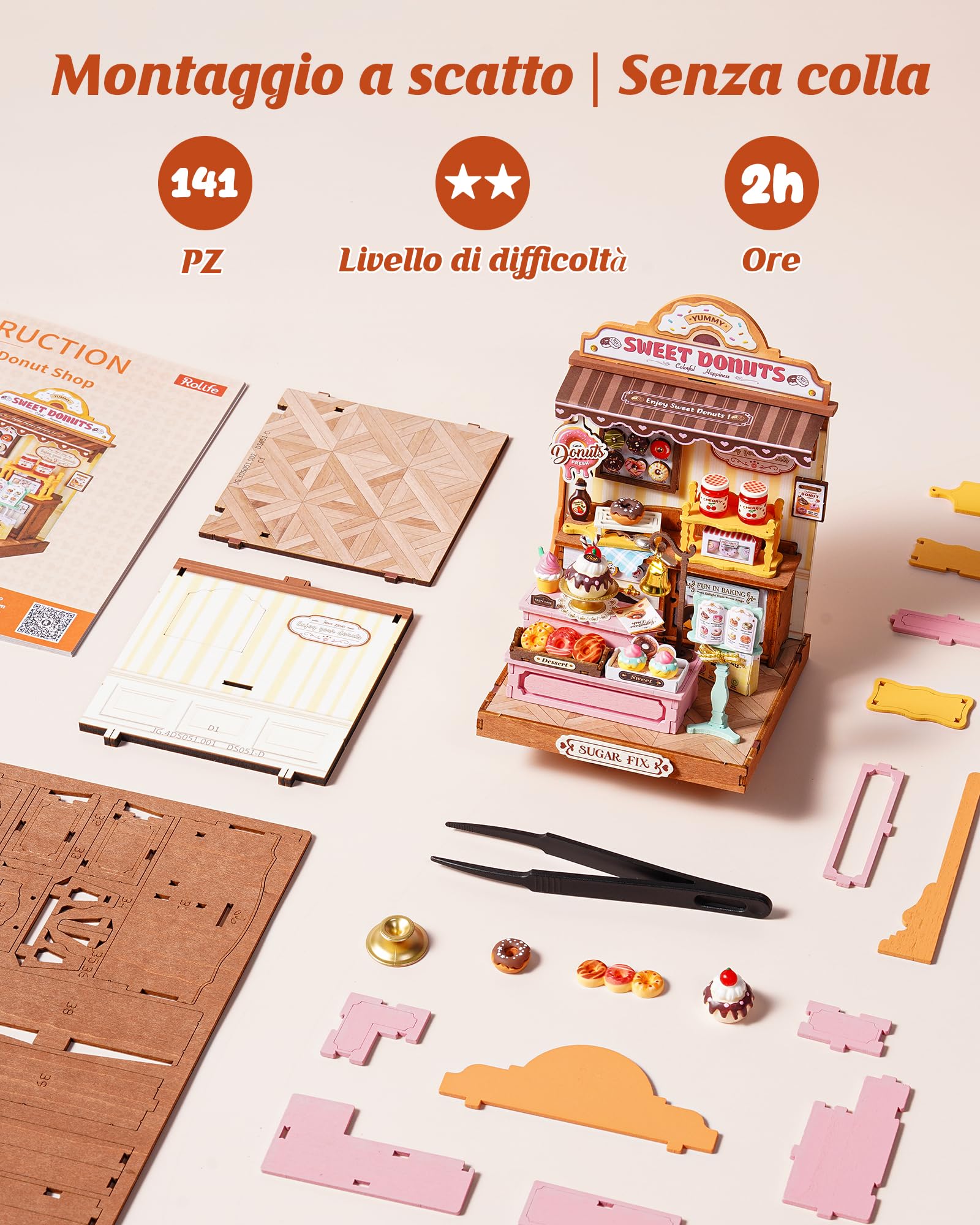 Rolife Miniature Casa Sweetie's Donut Shop, 141 pezzi Kit Casa in Miniatura DIY, Modellismo da Costruire Adulti Casa delle Bambole in Legno Puzzle 3D Nessun collante necessario - 4
