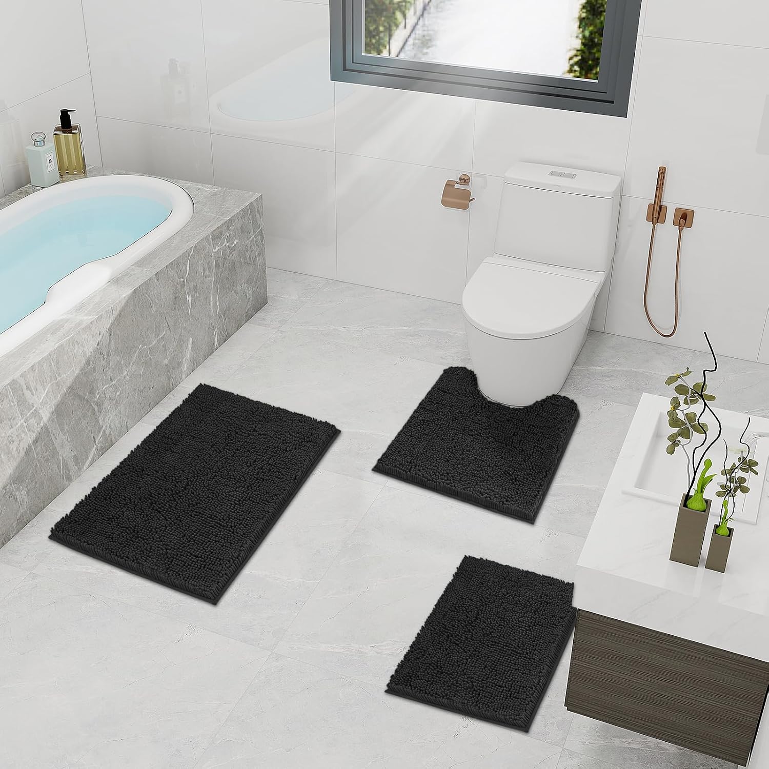 TREETONE Bathroom Rugs Sets, Thick Soft Absorbent 3 Piece Chenille Bath Rugs, Non-Slip, Dry Quickly, Machine Washable, Shaggy Mats with U-Shaped Toilet Rug for Bathroom Floor, Tub and Shower, Black - Image 2