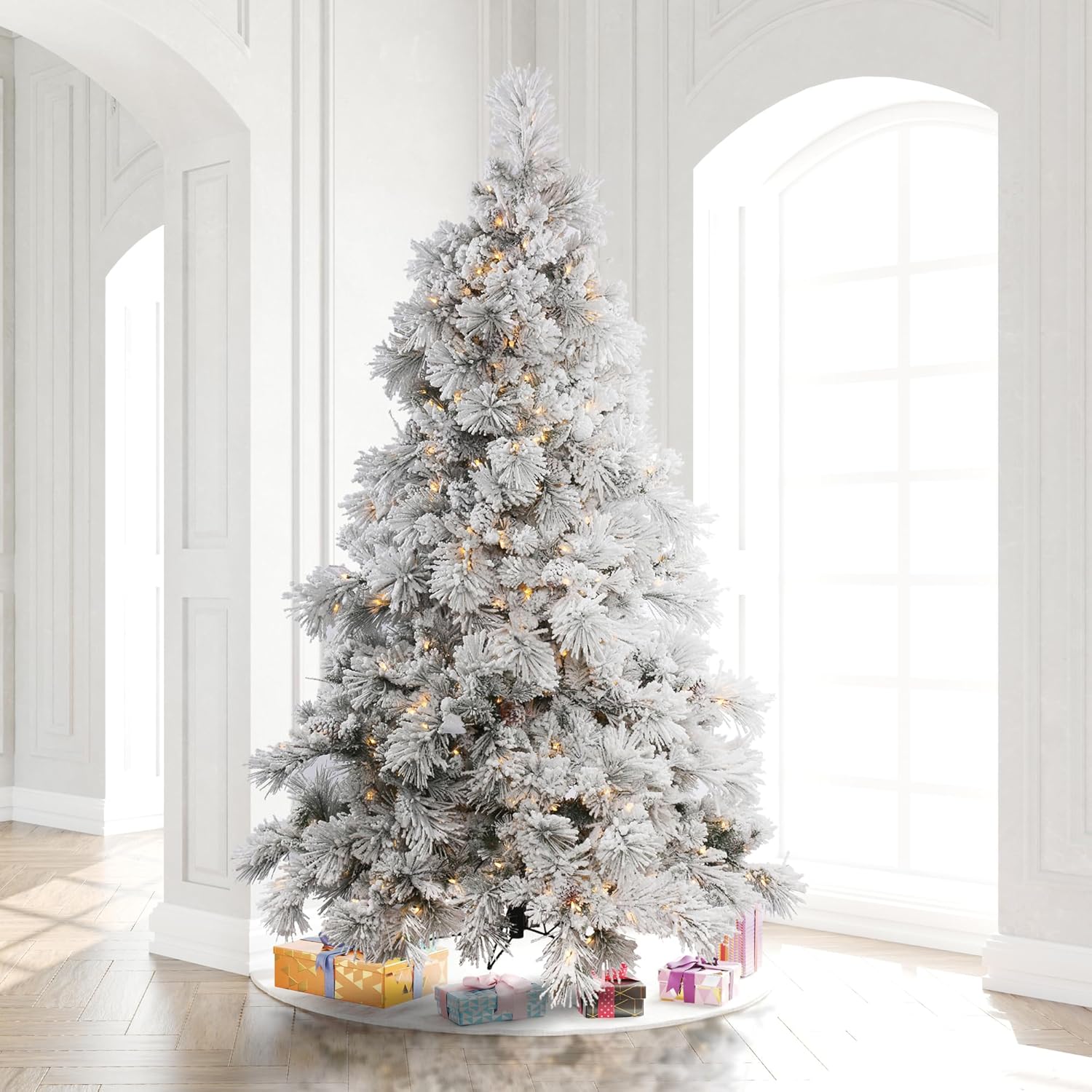 Vickerman 10' Flocked Alberta Artificial Christmas Tree, Pure White LED Lights - Snow Covered Faux Tree - Seasonal Indoor Home Decor - Easy Assembly