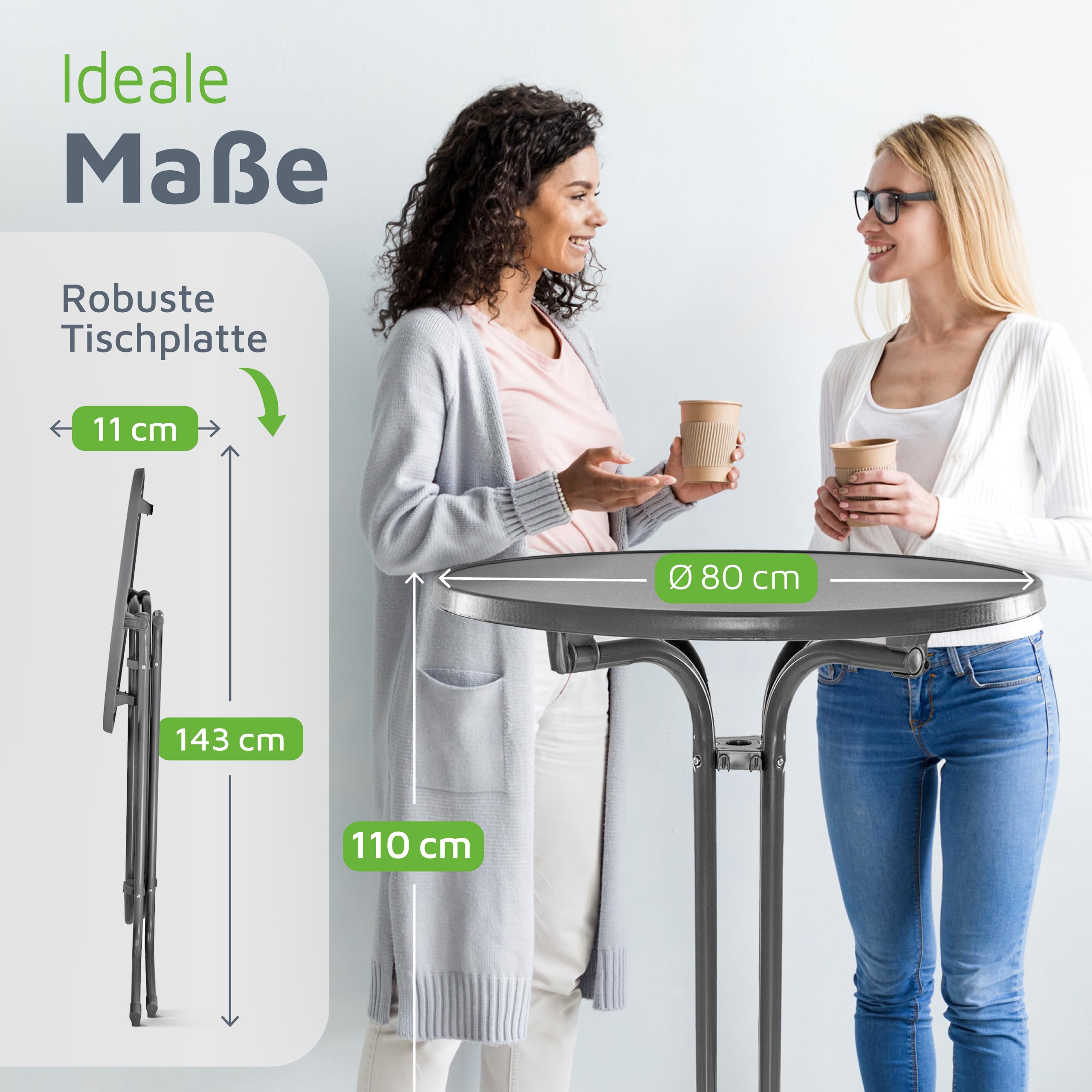 BeFair Stehtisch Klappbar Anthrazit, 80 cm Rund, Nico - Stabiler Bartisch in Höhe 110 cm mit 4 praktischen Haken für Jacken oder Handtaschen - Wetterbeständig, mit kratzfester Tischplatte