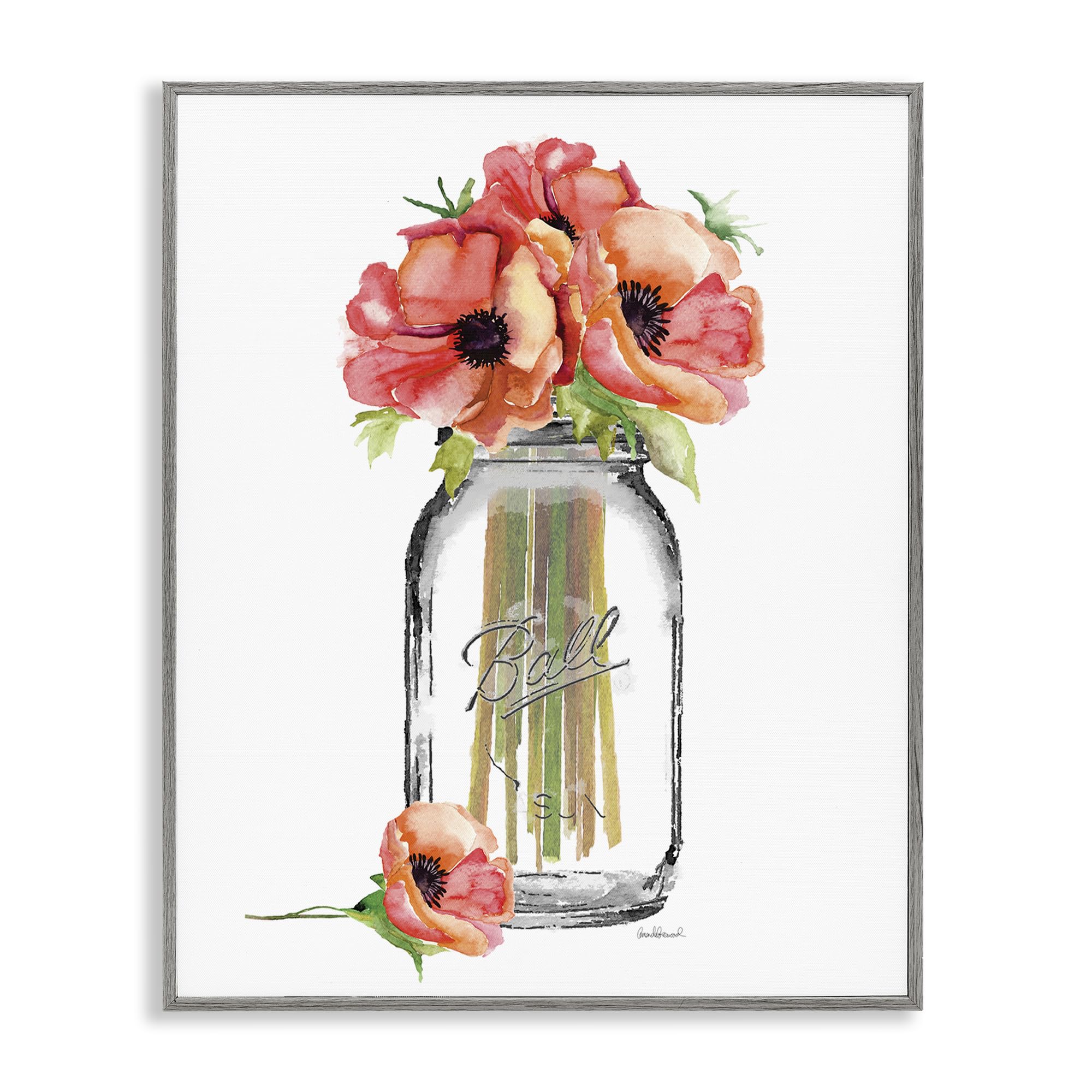 Mason Jar Poppies Floral Still Life, 11 x 14 Inch Framed Giclée Print